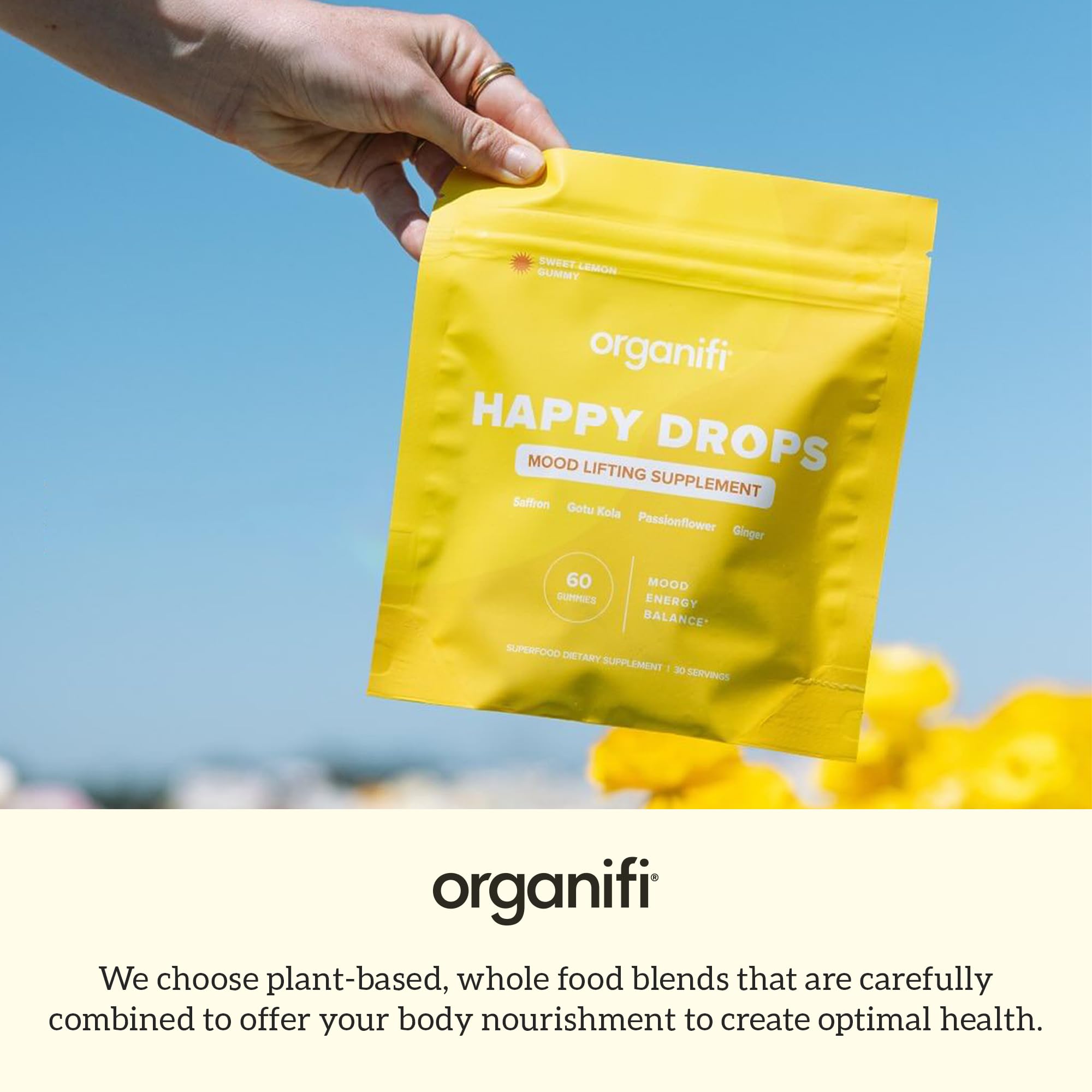 Organifi Happy Drops - Daily Superfood Happy Gummies for Adults - Mood Support Supplement for Balance, Bliss, Energy and Taking the Edge Off - Sweet Lemon Flavor - 60 Gummies - TrustMedUSA