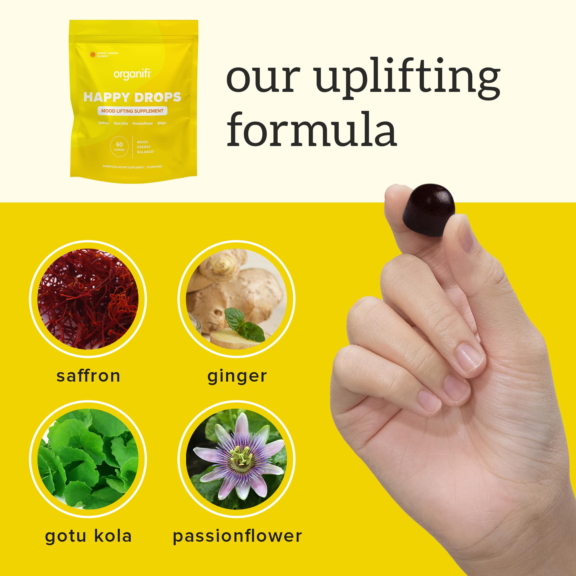 Organifi Happy Drops - Daily Superfood Happy Gummies for Adults - Mood Support Supplement for Balance, Bliss, Energy and Taking the Edge Off - Sweet Lemon Flavor - 60 Gummies - TrustMedUSA