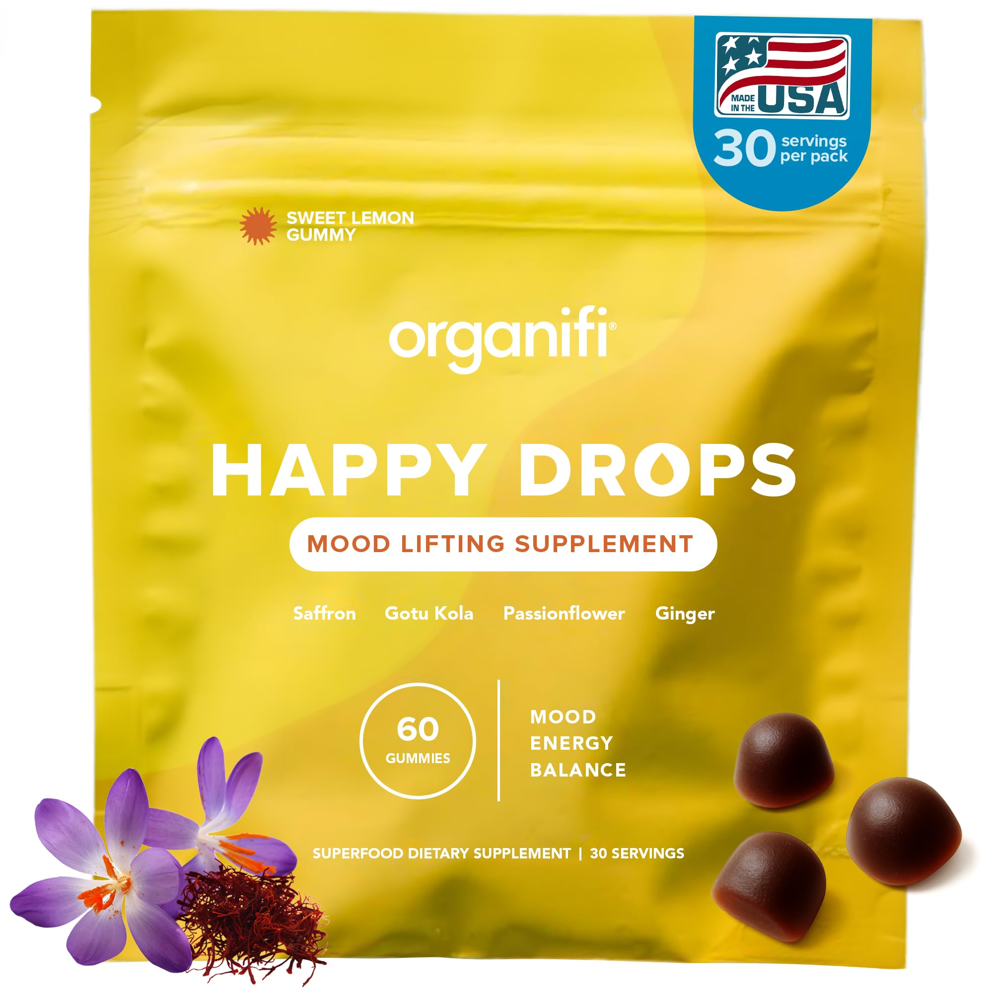 Organifi Happy Drops - Daily Superfood Happy Gummies for Adults - Mood Support Supplement for Balance, Bliss, Energy and Taking the Edge Off - Sweet Lemon Flavor - 60 Gummies - TrustMedUSA