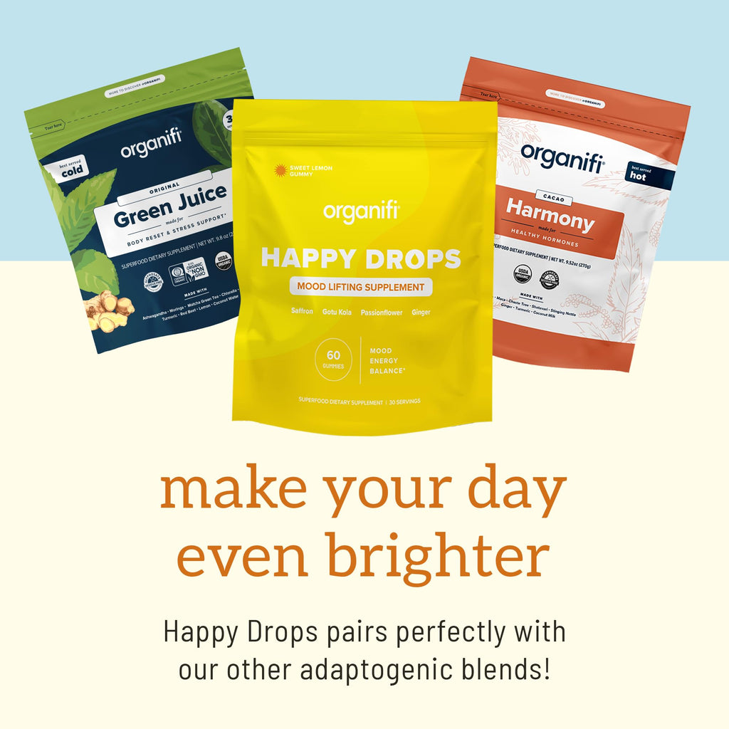 Organifi Happy Drops - Daily Superfood Happy Gummies for Adults - Mood Support Supplement for Balance, Bliss, Energy and Taking the Edge Off - Sweet Lemon Flavor - 60 Gummies - TrustMedUSA