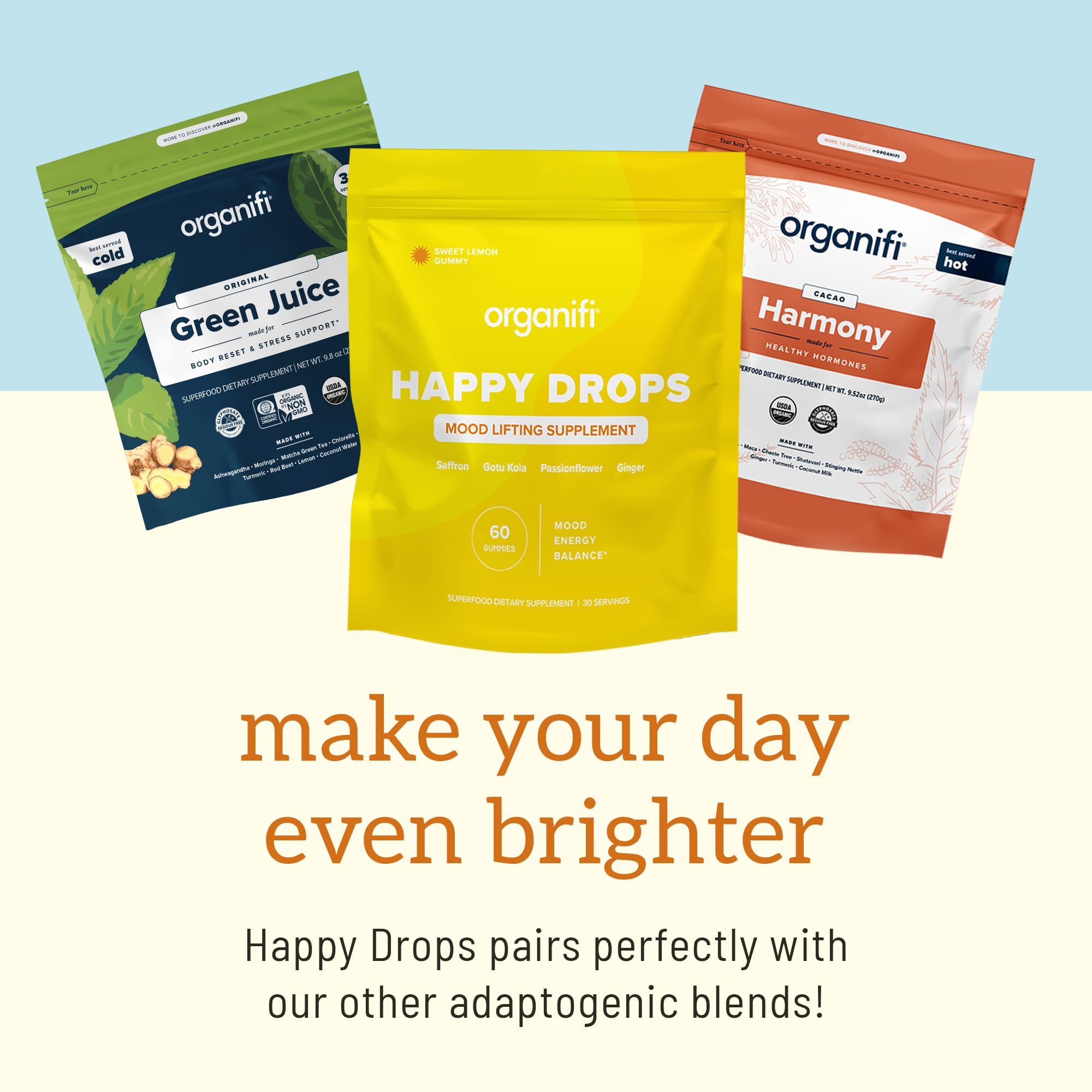Organifi Happy Drops - Daily Superfood Happy Gummies for Adults - Mood Support Supplement for Balance, Bliss, Energy and Taking the Edge Off - Sweet Lemon Flavor - 60 Gummies - TrustMedUSA