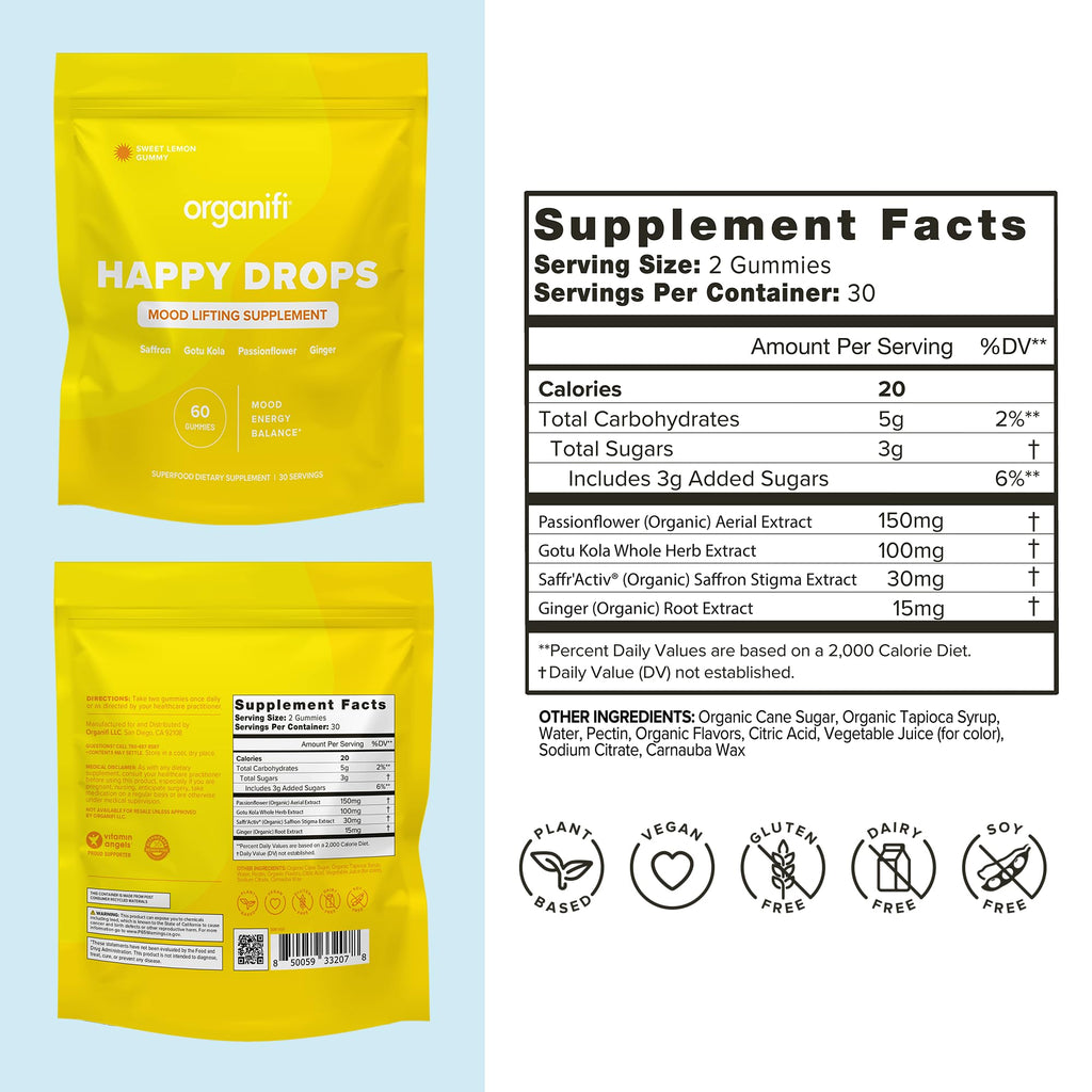 Organifi Happy Drops - Daily Superfood Happy Gummies for Adults - Mood Support Supplement for Balance, Bliss, Energy and Taking the Edge Off - Sweet Lemon Flavor - 60 Gummies - Maple Wellness Supplements