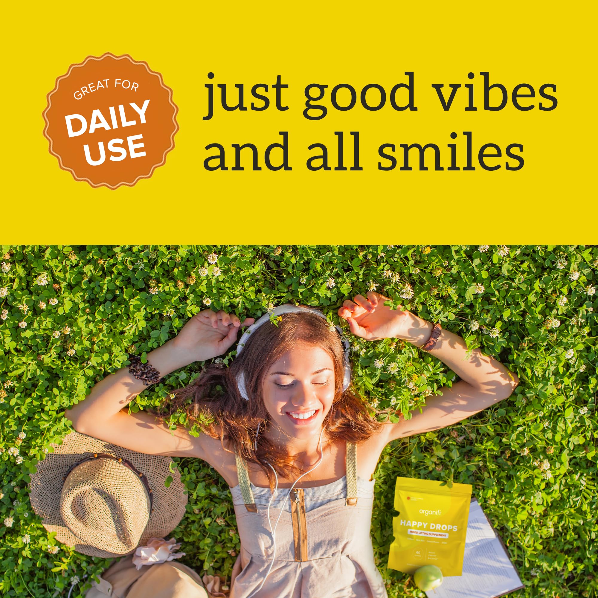 Organifi Happy Drops - Daily Superfood Happy Gummies for Adults - Mood Support Supplement for Balance, Bliss, Energy and Taking the Edge Off - Sweet Lemon Flavor - 60 Gummies - TrustMedUSA