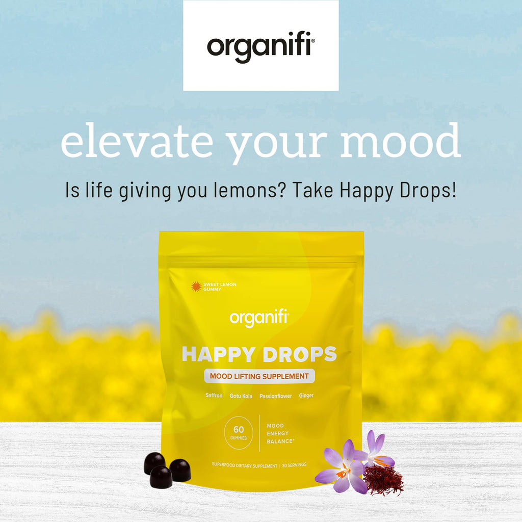 Organifi Happy Drops - Daily Superfood Happy Gummies for Adults - Mood Support Supplement for Balance, Bliss, Energy and Taking the Edge Off - Sweet Lemon Flavor - 60 Gummies - TrustMedUSA