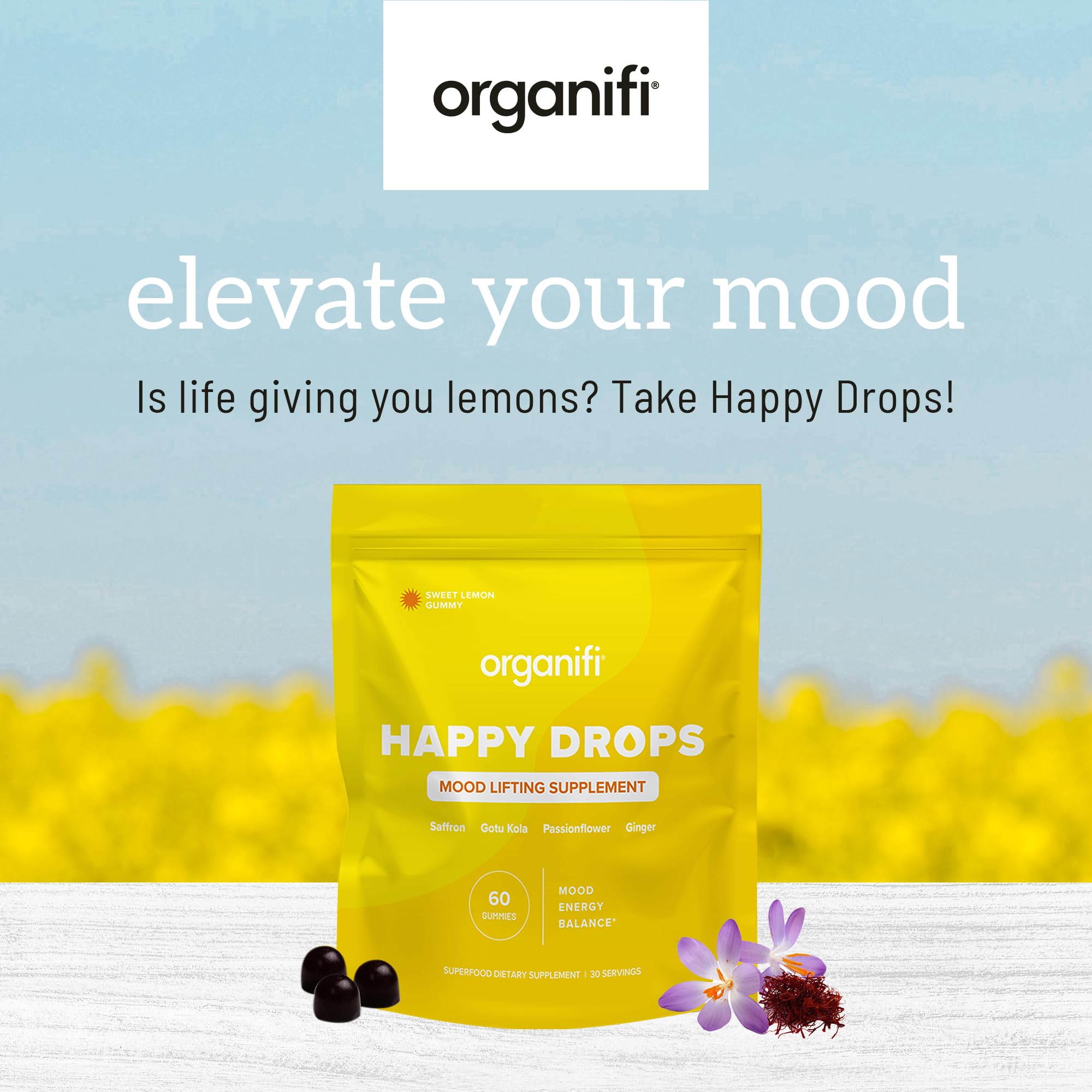 Organifi Happy Drops - Daily Superfood Happy Gummies for Adults - Mood Support Supplement for Balance, Bliss, Energy and Taking the Edge Off - Sweet Lemon Flavor - 60 Gummies - TrustMedUSA