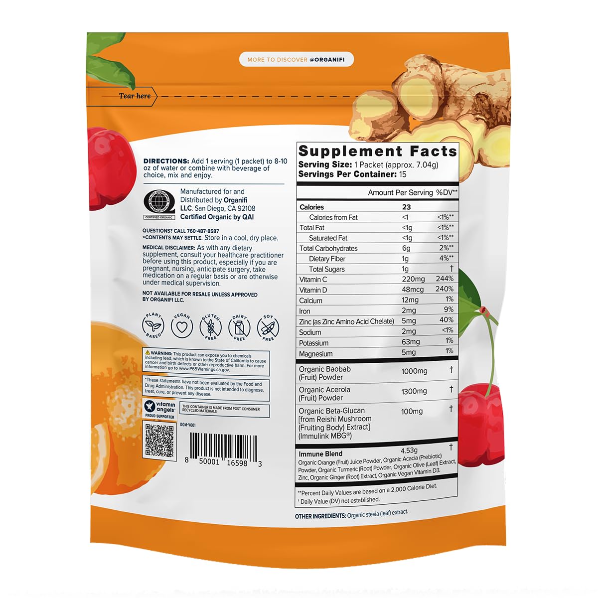 Organifi Immunity - Organic Superfood Immunity Support - 15 Single Serve Packets - Immunity Powder for T Cell Production and Upper Respiratory Health - Mushroom Beta Glucans, Vitamin C, D and Zinc - TrustMedUSA