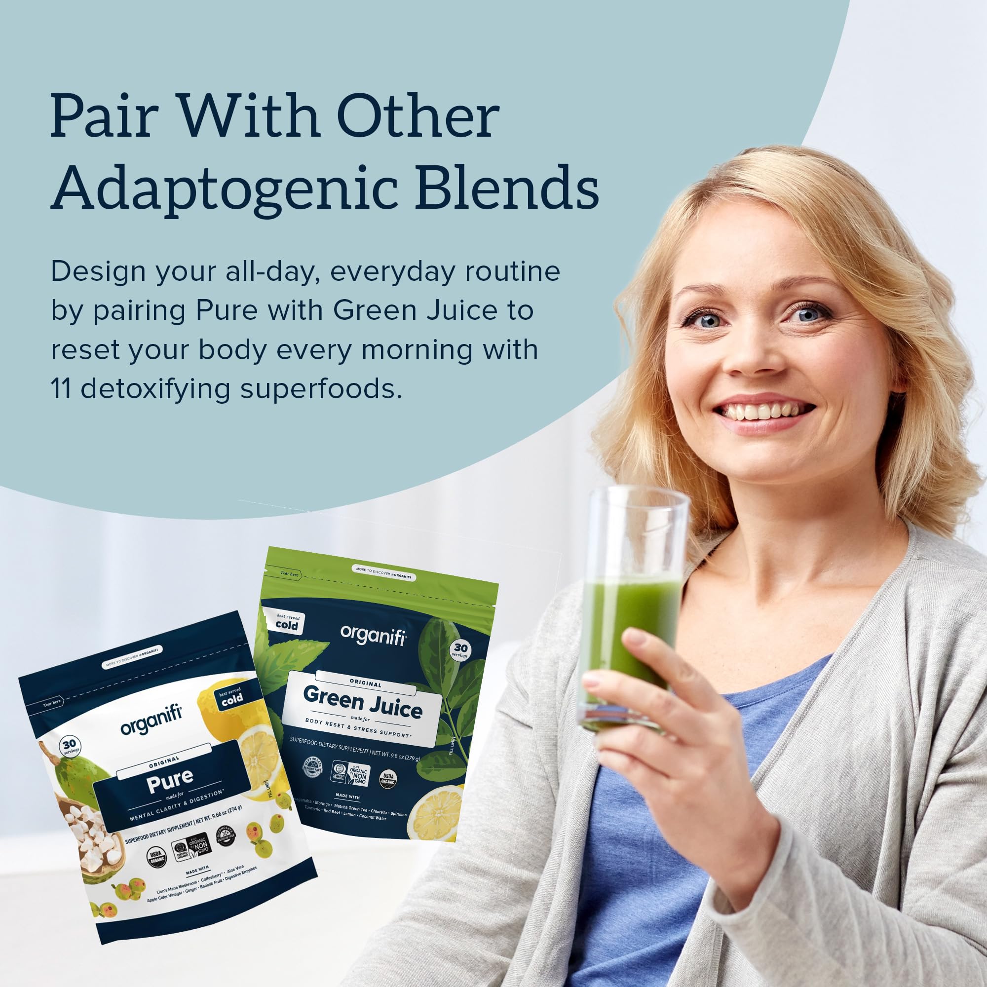 Organifi Pure - Promotes Stimulation in Learning, Memory, Focus, and Clarity - Brain Support with Superfoods - Gluten-Free and Non GMO - Best Served Cold, 30 Servings - TrustMedUSA