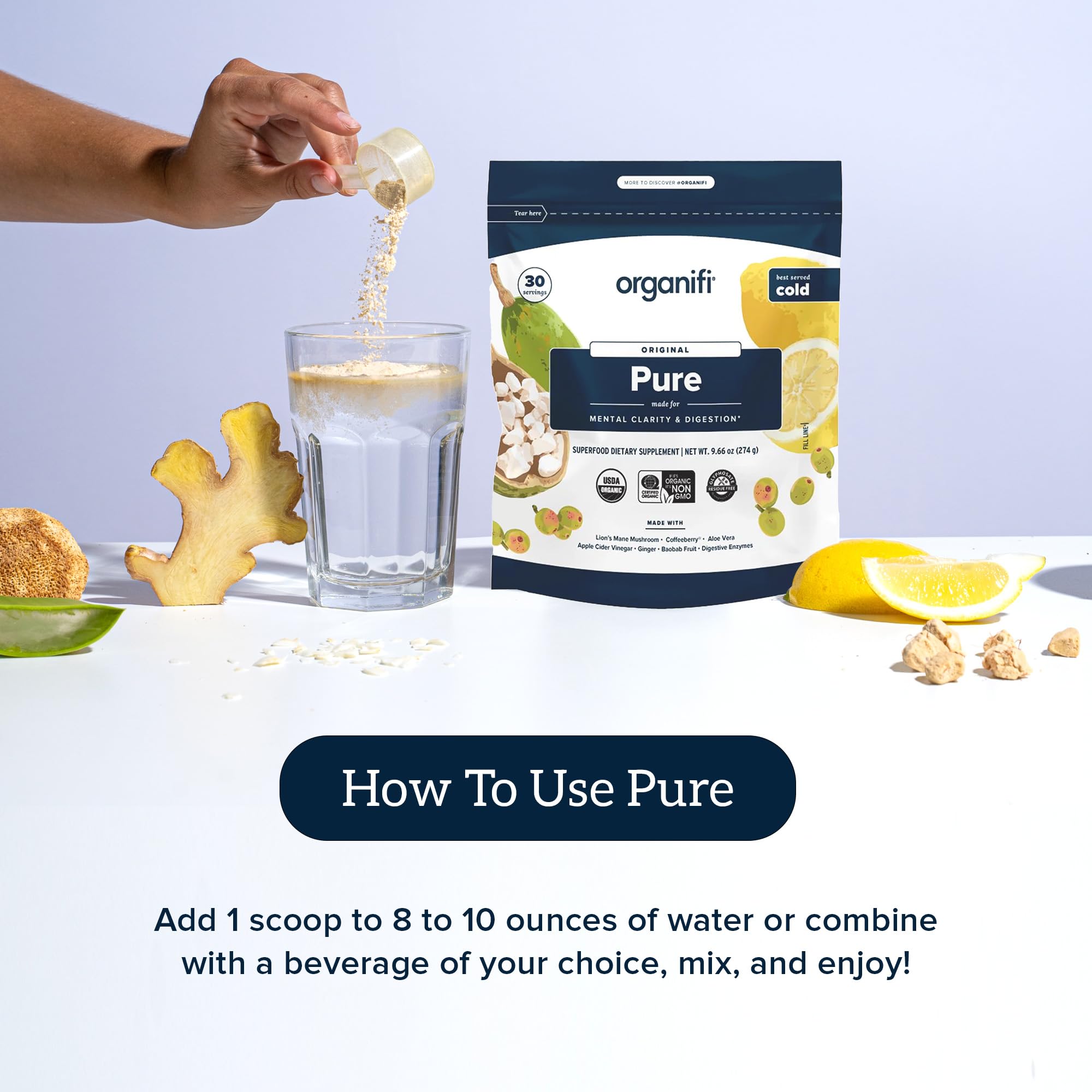 Organifi Pure - Promotes Stimulation in Learning, Memory, Focus, and Clarity - Brain Support with Superfoods - Gluten-Free and Non GMO - Best Served Cold, 30 Servings - TrustMedUSA