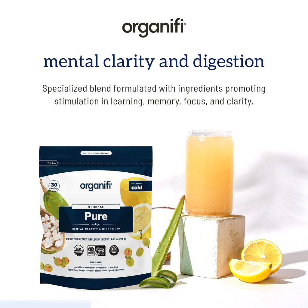 Organifi Pure - Promotes Stimulation in Learning, Memory, Focus, and Clarity - Brain Support with Superfoods - Gluten-Free and Non GMO - Best Served Cold, 30 Servings - TrustMedUSA