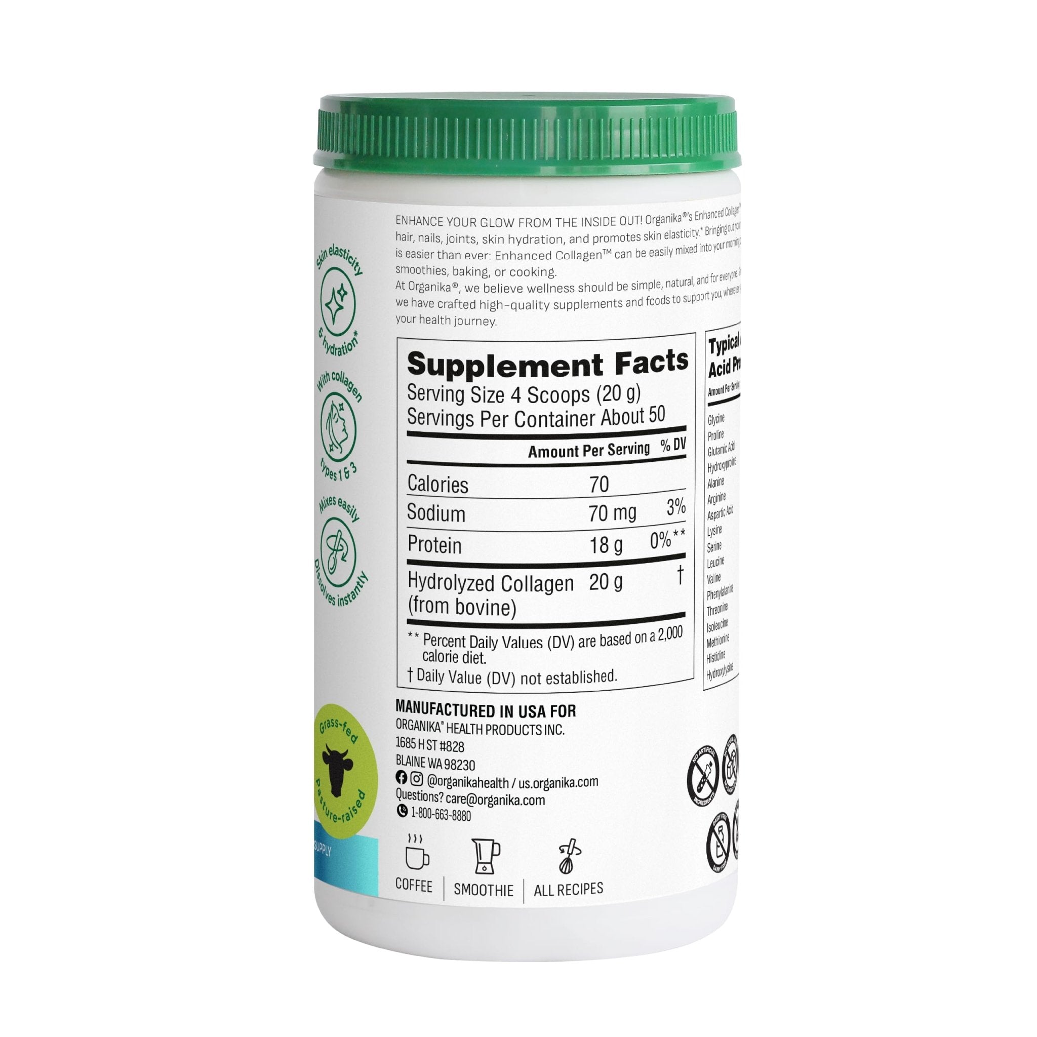 Organika Collagen Powder - for Healthy Hair, Skin, Nails, and Joints. Hydrolyzed Protein Peptides for Better Absorption- Grass-Fed, Non-GMO- Unflavoured- 2.2lbs - Maple Wellness Supplements