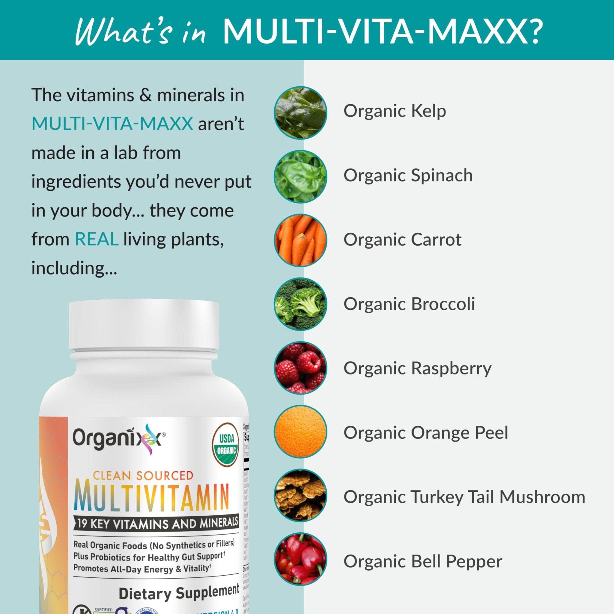 Organixx Clean Sourced Multivitamin for Women & Men, w/Vitamin C, D3, Vitamin B Complex, Probiotics, Organic Fruits & Vegetables, Supports Digestive Gut Health, Immune Support, 90 Vegan Gel Capsules - TrustMedUSA