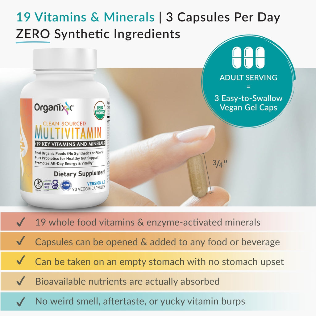 Organixx Clean Sourced Multivitamin for Women & Men, w/Vitamin C, D3, Vitamin B Complex, Probiotics, Organic Fruits & Vegetables, Supports Digestive Gut Health, Immune Support, 90 Vegan Gel Capsules - TrustMedUSA