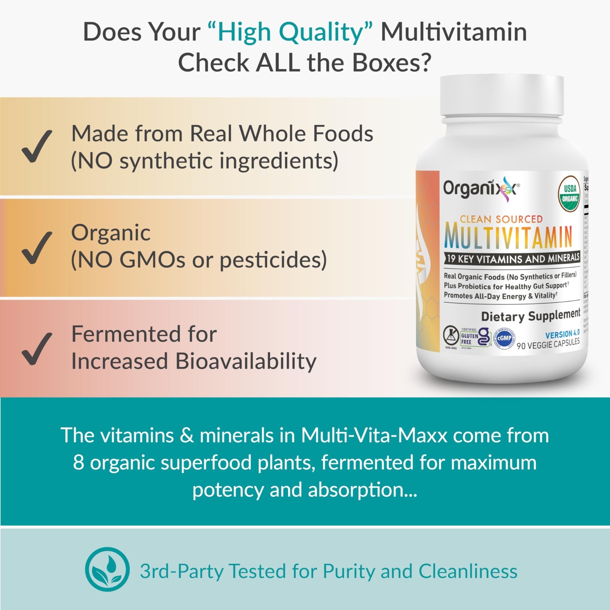 Organixx Clean Sourced Multivitamin for Women & Men, w/Vitamin C, D3, Vitamin B Complex, Probiotics, Organic Fruits & Vegetables, Supports Digestive Gut Health, Immune Support, 90 Vegan Gel Capsules - TrustMedUSA