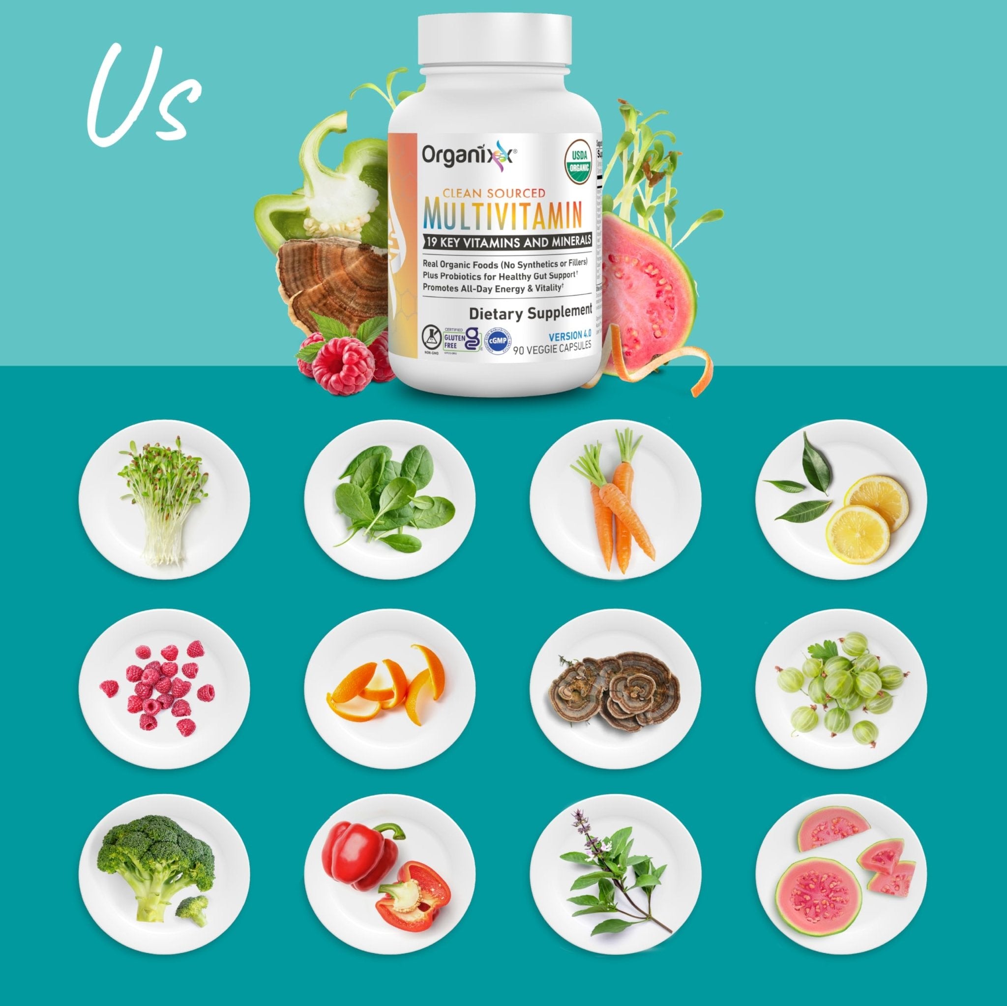 Organixx Clean Sourced Multivitamin for Women & Men, w/Vitamin C, D3, Vitamin B Complex, Probiotics, Organic Fruits & Vegetables, Supports Digestive Gut Health, Immune Support, 90 Vegan Gel Capsules - TrustMedUSA