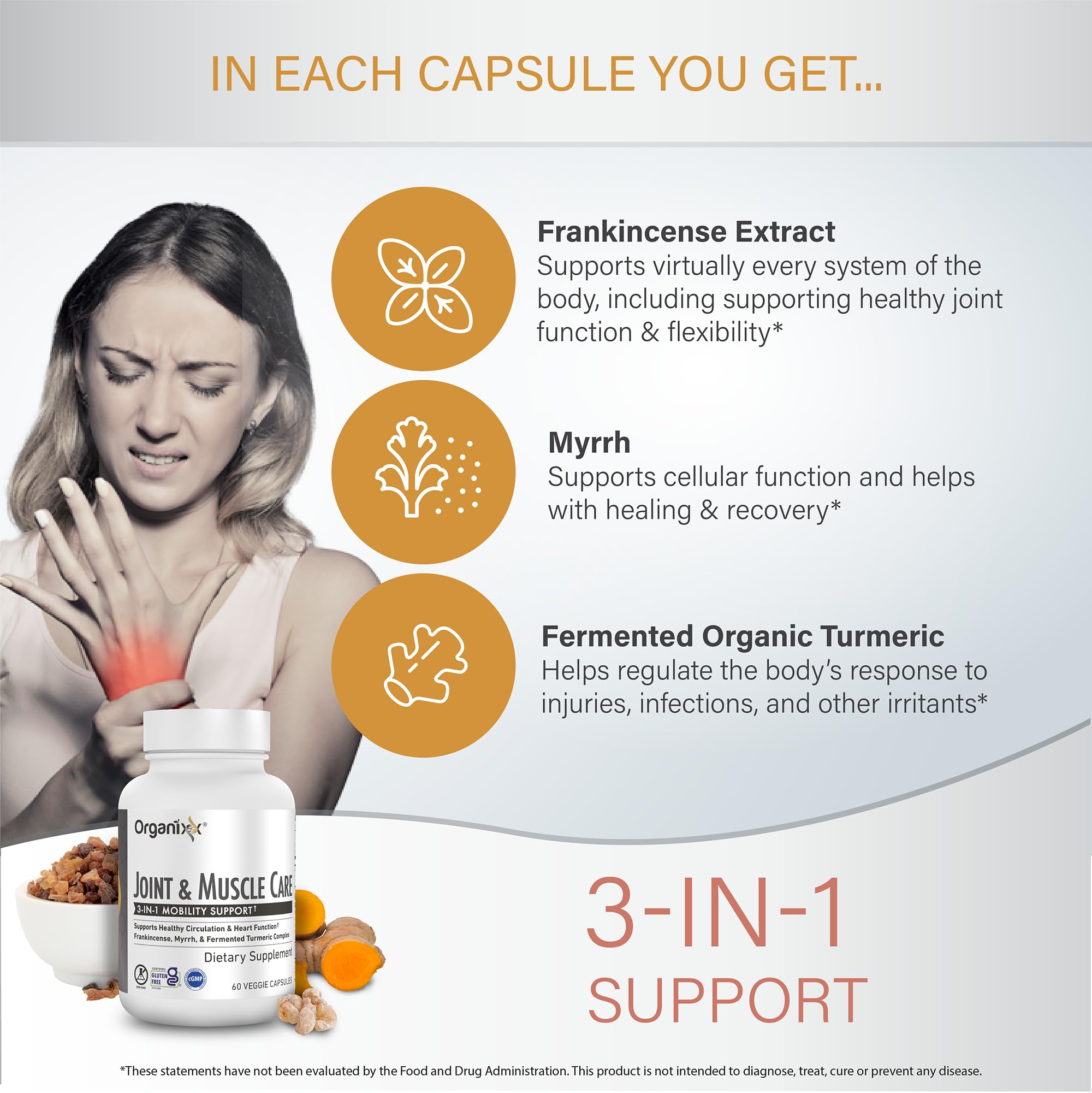 Organixx Joint & Muscle Care Organic Turmeric Supplement, 3-in-1 Frankincense, Turmeric and Myrrh Joint Health & Joint Support Supplement Body Care Capsules, Supports Swelling, Tension, 60 Capsules - TrustMedUSA