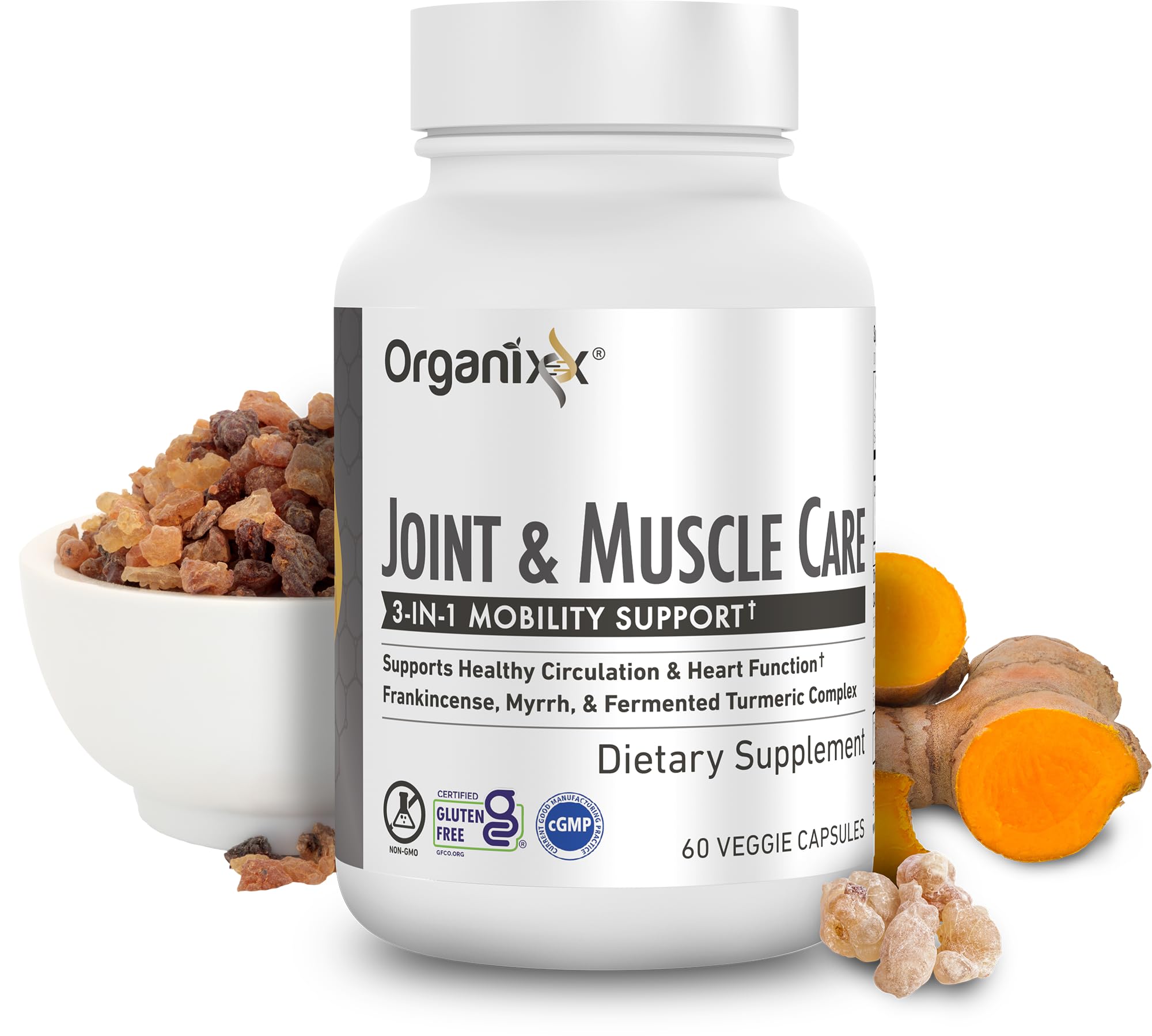 Organixx Joint & Muscle Care Organic Turmeric Supplement, 3-in-1 Frankincense, Turmeric and Myrrh Joint Health & Joint Support Supplement Body Care Capsules, Supports Swelling, Tension, 60 Capsules - TrustMedUSA