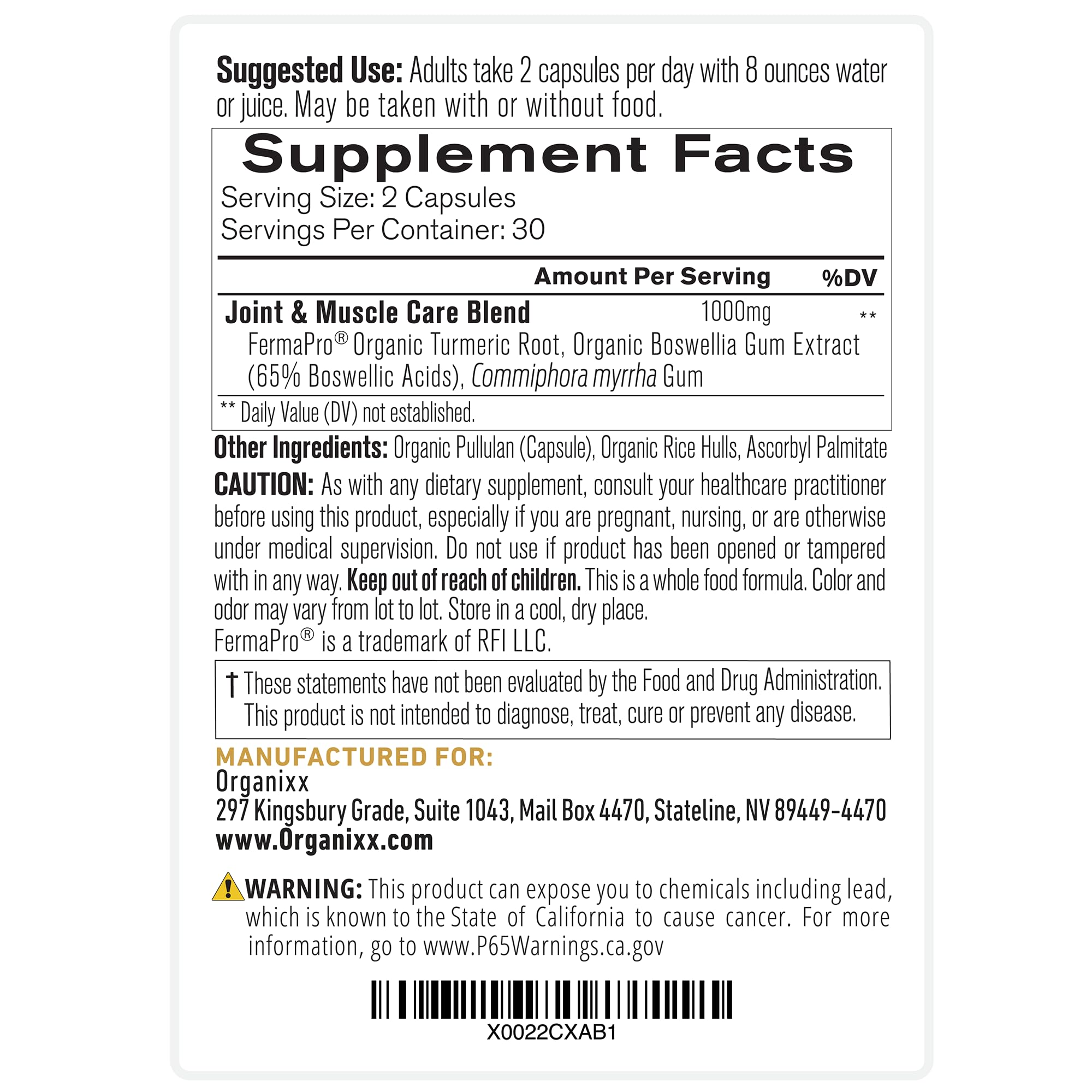 Organixx Joint & Muscle Care Organic Turmeric Supplement, 3-in-1 Frankincense, Turmeric and Myrrh Joint Health & Joint Support Supplement Body Care Capsules, Supports Swelling, Tension, 60 Capsules - TrustMedUSA