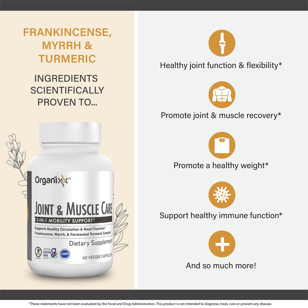 Organixx Joint & Muscle Care Organic Turmeric Supplement, 3-in-1 Frankincense, Turmeric and Myrrh Joint Health & Joint Support Supplement Body Care Capsules, Supports Swelling, Tension, 60 Capsules - TrustMedUSA
