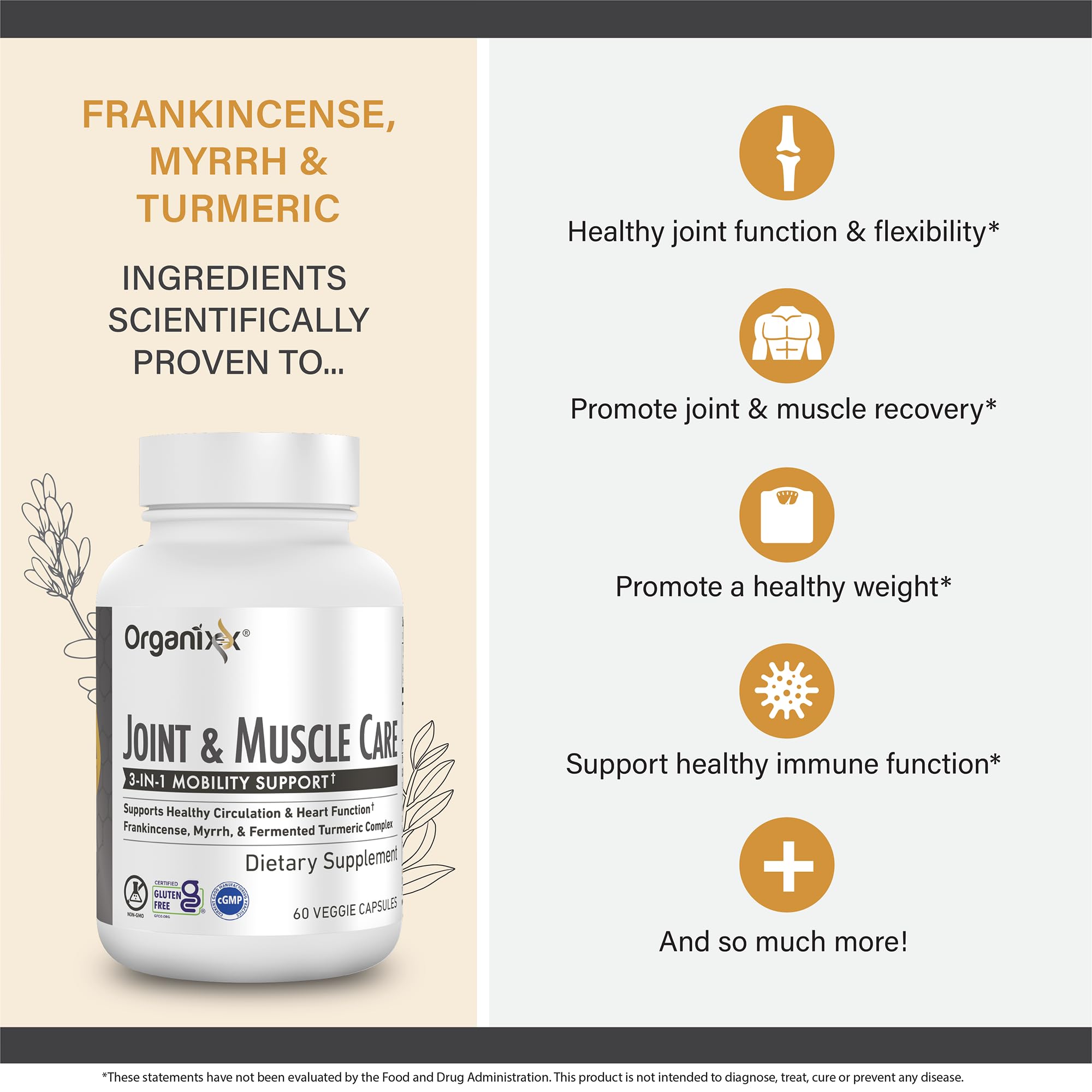 Organixx Joint & Muscle Care Organic Turmeric Supplement, 3-in-1 Frankincense, Turmeric and Myrrh Joint Health & Joint Support Supplement Body Care Capsules, Supports Swelling, Tension, 60 Capsules - TrustMedUSA