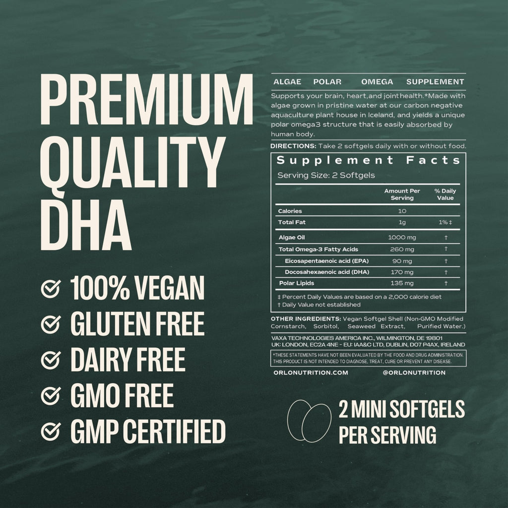 Orlo DHA Supplement 1000mg - 3X Absorption Natural Icelandic Nordic Omega 3 DHA & EPA for Brain & Eye Support – Vegan Fish Oil Alternative, No Fishy Aftertaste, 60 Easy-to-Swallow Mini Softgels - TrustMedUSA