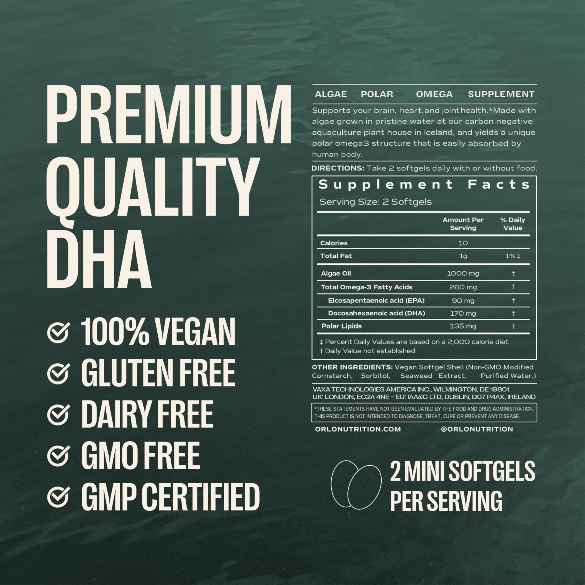 Orlo DHA Supplement 1000mg - 3X Absorption Natural Icelandic Nordic Omega 3 DHA & EPA for Brain & Eye Support – Vegan Fish Oil Alternative, No Fishy Aftertaste, 60 Easy-to-Swallow Mini Softgels - TrustMedUSA