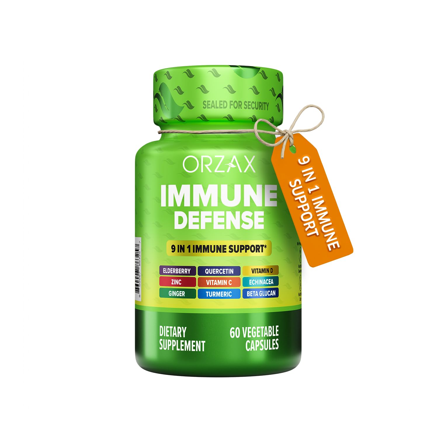 ORZAX 9 in 1 Immune Defense Booster Herbal Supplement, Specialized High Strength Formula - Vitamin C & D, Zinc, Quercetin, Turmeric & Ginger, Echinacea - Non-GMO - 60 Veggie Capsules - 30 Day Supply - TrustMedUSA