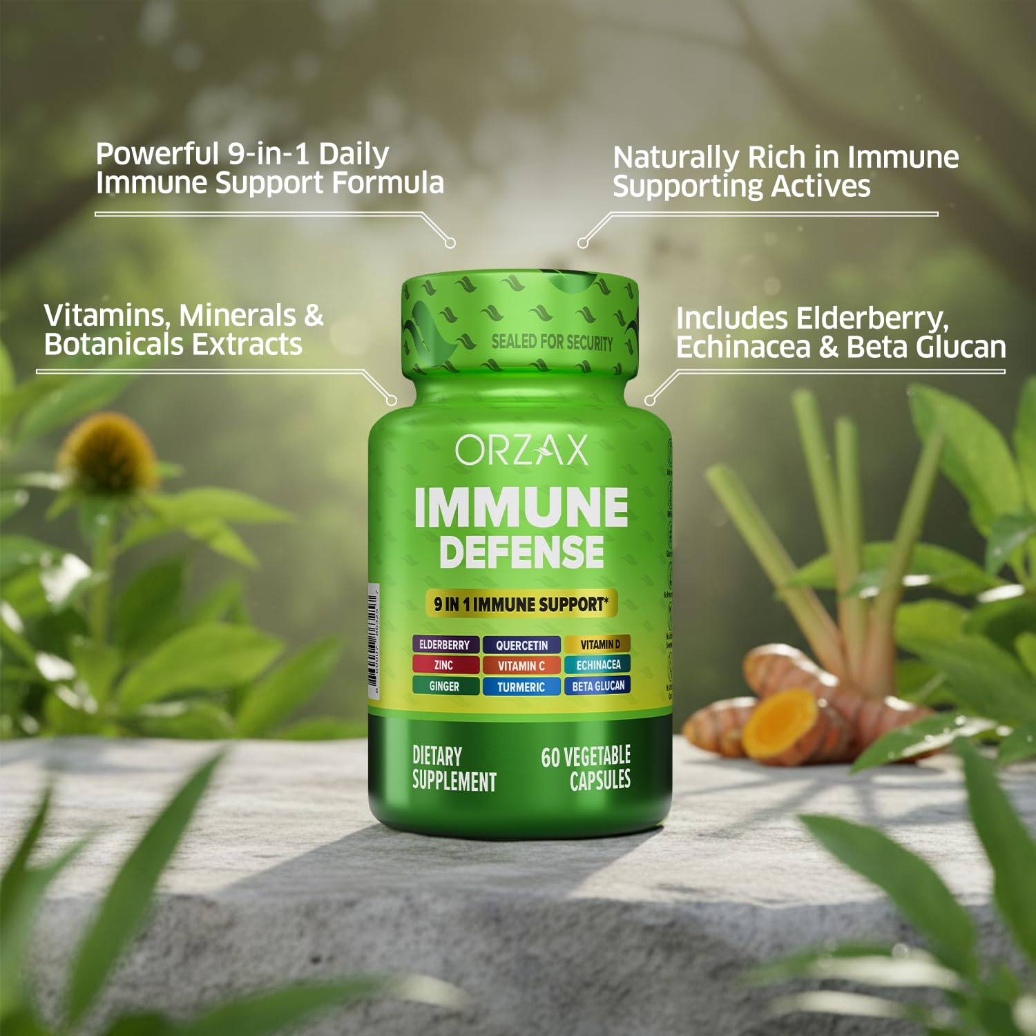 ORZAX 9 in 1 Immune Defense Booster Herbal Supplement, Specialized High Strength Formula - Vitamin C & D, Zinc, Quercetin, Turmeric & Ginger, Echinacea - Non-GMO - 60 Veggie Capsules - 30 Day Supply - TrustMedUSA