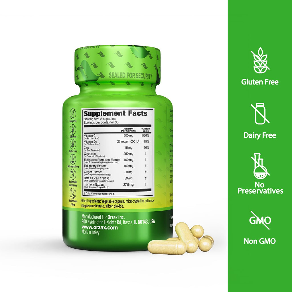 ORZAX 9 in 1 Immune Defense Booster Herbal Supplement, Specialized High Strength Formula - Vitamin C & D, Zinc, Quercetin, Turmeric & Ginger, Echinacea - Non-GMO - 60 Veggie Capsules - 30 Day Supply - TrustMedUSA