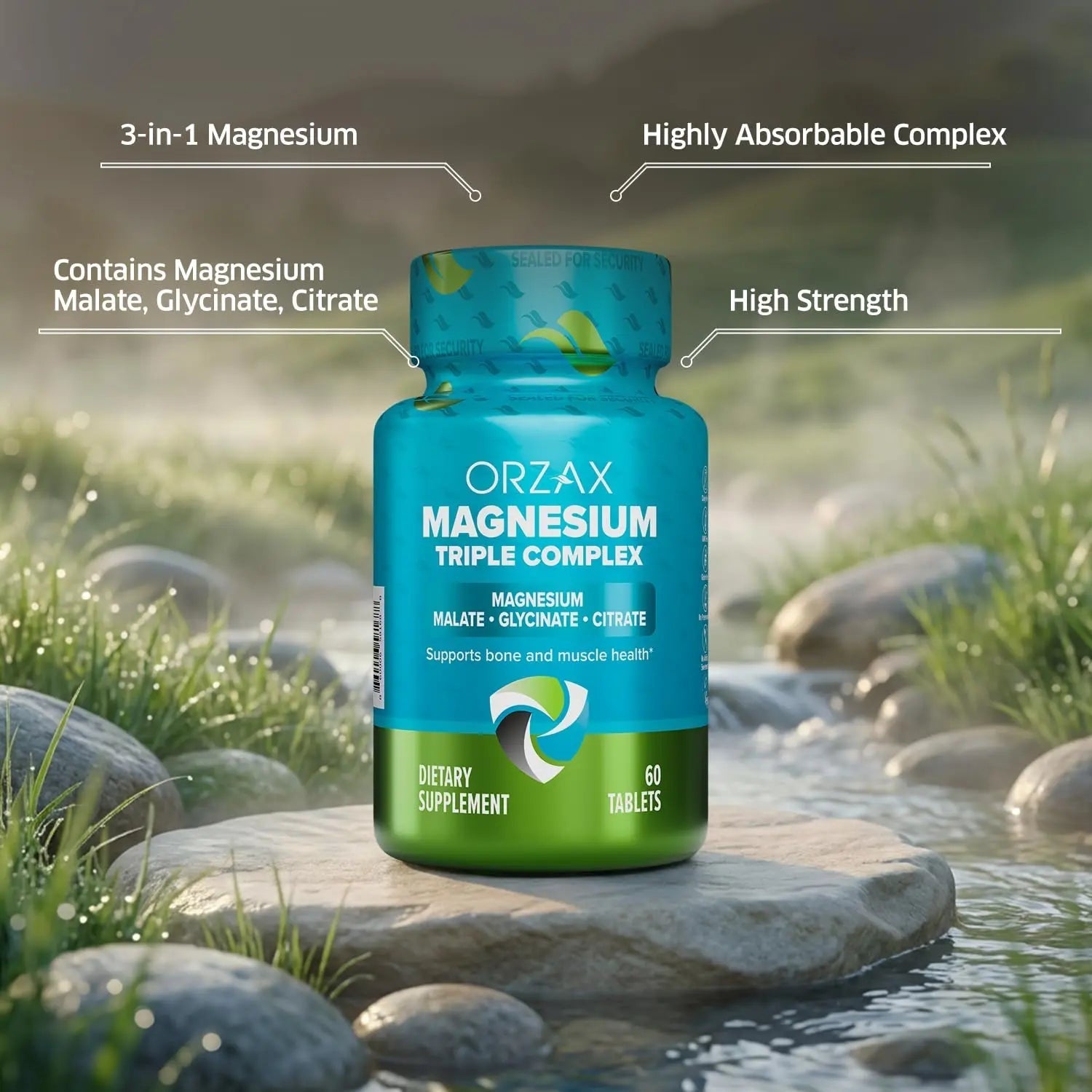 ORZAX Magnesium Triple Complex | Magnesium Glycinate, Citrate, Malate | Vegan, Gluten Free, Dairy Free, Halal | 200 mg of Triple Complex Magnesium for Muscles & Energy for Women and Men | 60 Tablets - TrustMedUSA