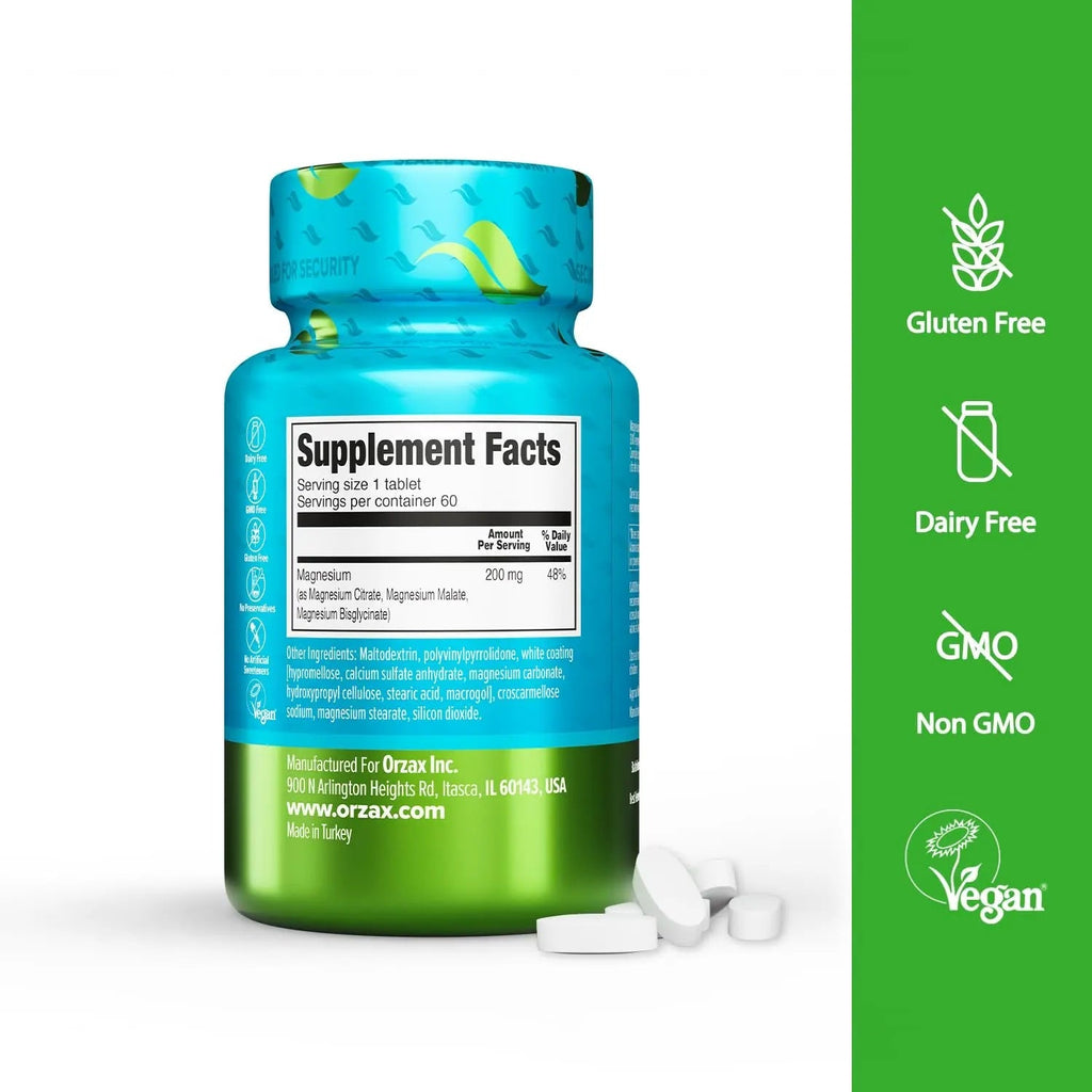 ORZAX Magnesium Triple Complex | Magnesium Glycinate, Citrate, Malate | Vegan, Gluten Free, Dairy Free, Halal | 200 mg of Triple Complex Magnesium for Muscles & Energy for Women and Men | 60 Tablets - TrustMedUSA
