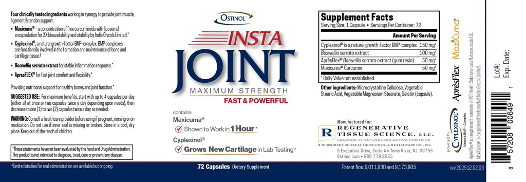 Ostinol Insta Joint Maximum Strength – Advanced Joint Support Capsules with Cyplexinol®, Maxicuma®, ApresFlex® & Boswellia – Supports Cartilage, Flexibility & Mobility – 72 Capsules - TrustMedUSA