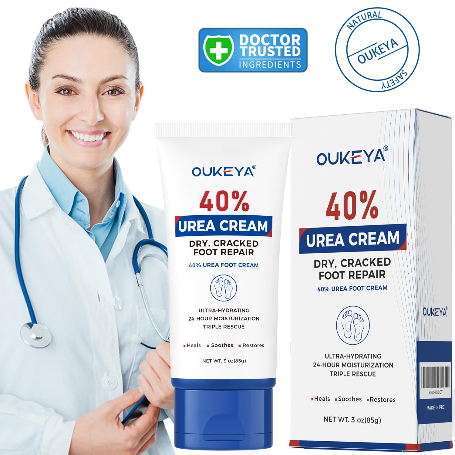 OUKEYA Urea Cream 40 Percent Tube 3 Oz, Foot & Hand Cream for Dry Cracked, 40 per Urea Lotion for Feet Maximum Strength - Maple Wellness Supplements