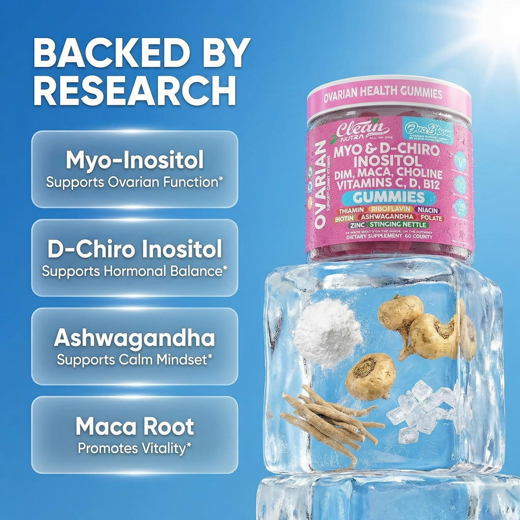 OVA Bloom Ovarian Support Gummies Myo Inositol D-Chiro Inositol Choline Flax Biotin Riboflavin Thiamin Niacin Ashwagandha DIM Maca Root Vitamin C D3 B12 Zinc 60 Count By Clean Nutra - TrustMedUSA