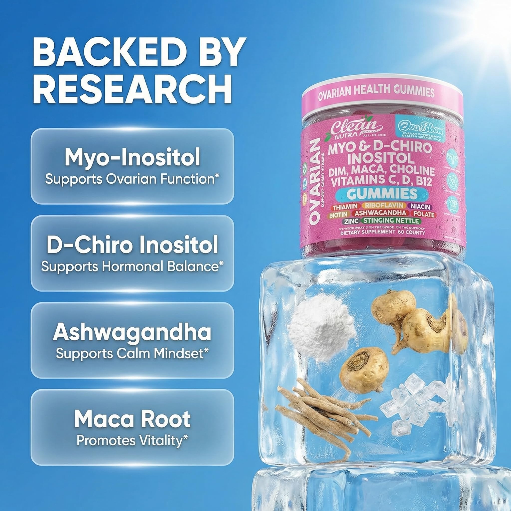 OVA Bloom Ovarian Support Gummies Myo Inositol D-Chiro Inositol Choline Flax Biotin Riboflavin Thiamin Niacin Ashwagandha DIM Maca Root Vitamin C D3 B12 Zinc 60 Count By Clean Nutra - TrustMedUSA