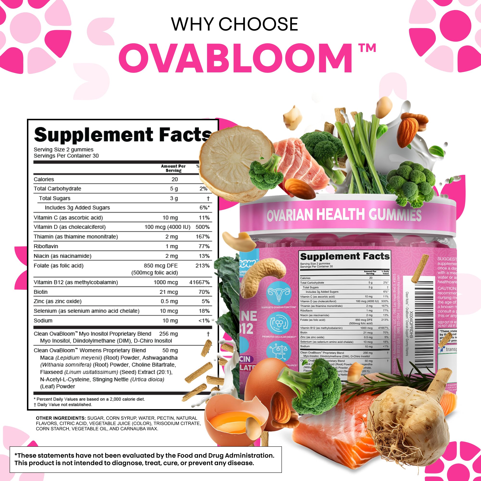 OVA Bloom Ovarian Support Gummies Myo Inositol D-Chiro Inositol Choline Flax Biotin Riboflavin Thiamin Niacin Ashwagandha DIM Maca Root Vitamin C D3 B12 Zinc 60 Count By Clean Nutra - TrustMedUSA