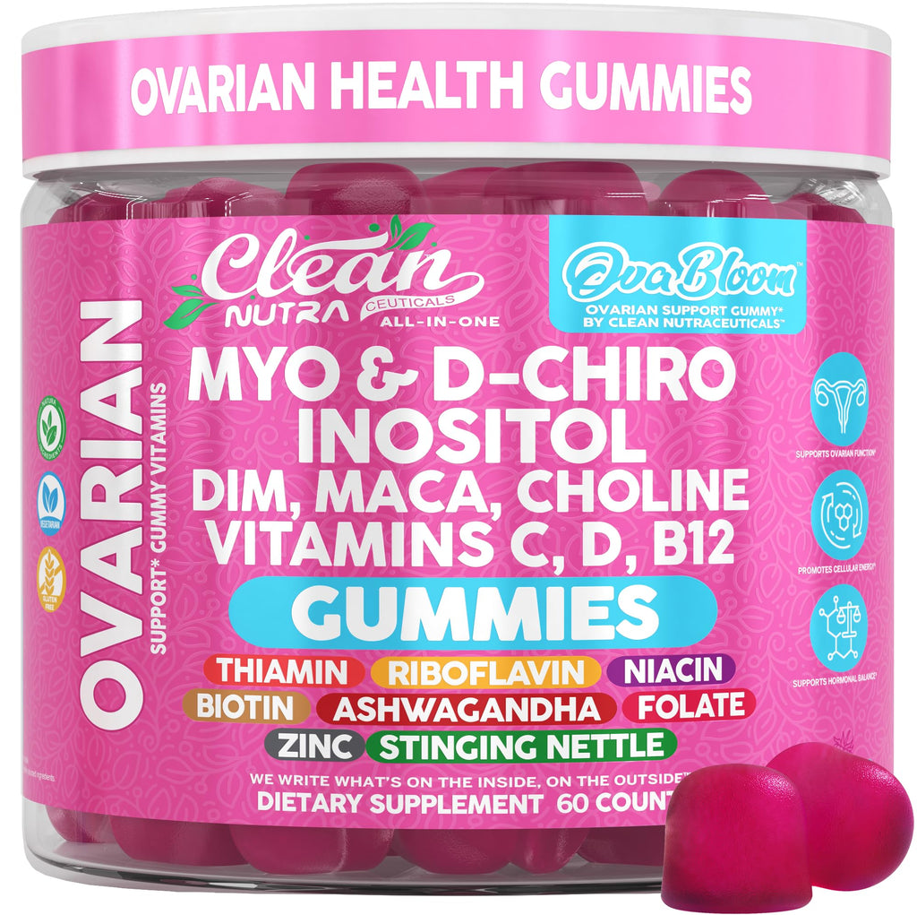 OVA Bloom Ovarian Support Gummies Myo Inositol D-Chiro Inositol Choline Flax Biotin Riboflavin Thiamin Niacin Ashwagandha DIM Maca Root Vitamin C D3 B12 Zinc 60 Count By Clean Nutra - TrustMedUSA