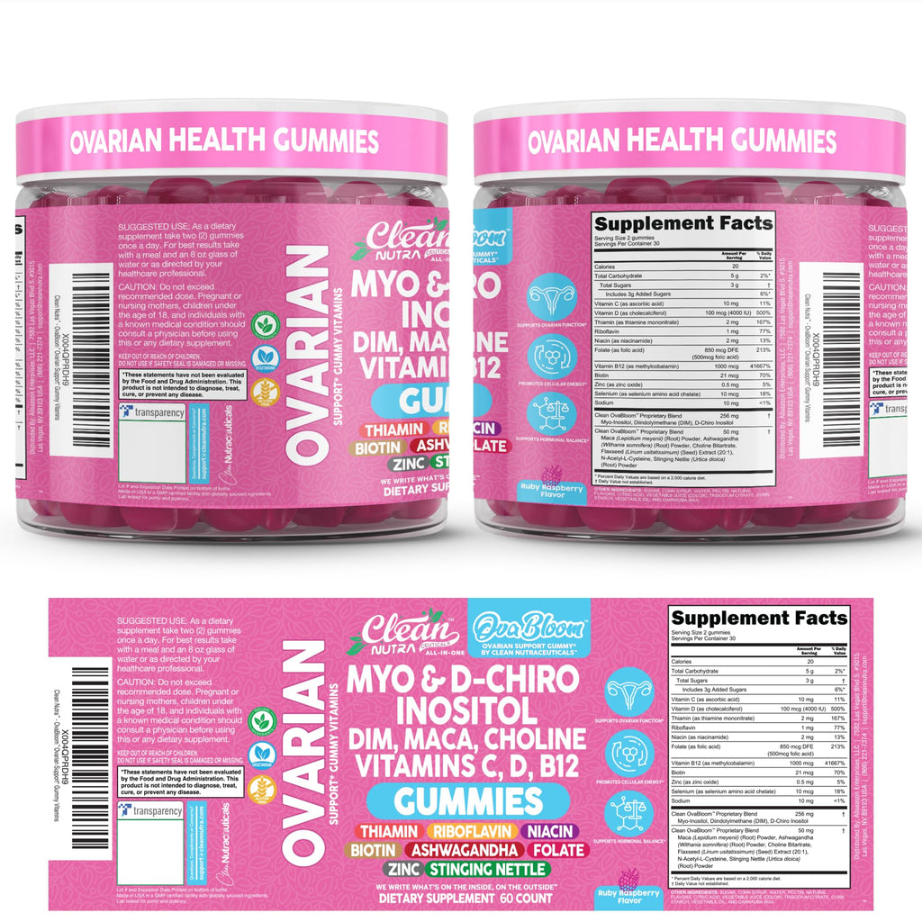 OVA Bloom Ovarian Support Gummies Myo Inositol D-Chiro Inositol Choline Flax Biotin Riboflavin Thiamin Niacin Ashwagandha DIM Maca Root Vitamin C D3 B12 Zinc 60 Count By Clean Nutra - TrustMedUSA