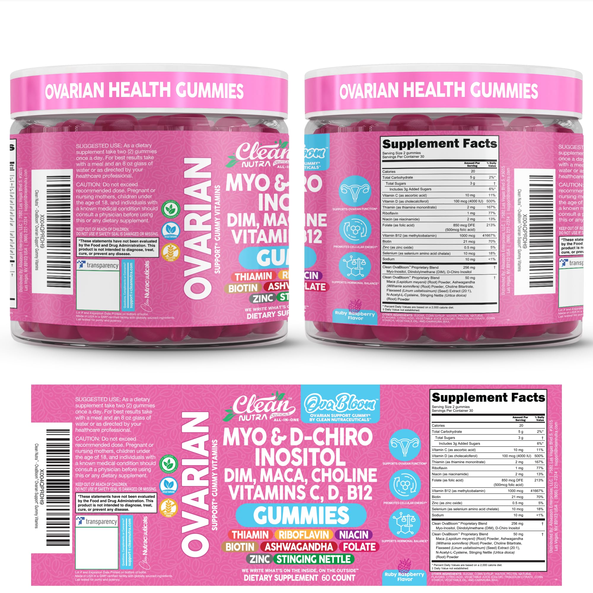 OVA Bloom Ovarian Support Gummies Myo Inositol D-Chiro Inositol Choline Flax Biotin Riboflavin Thiamin Niacin Ashwagandha DIM Maca Root Vitamin C D3 B12 Zinc 60 Count By Clean Nutra - TrustMedUSA