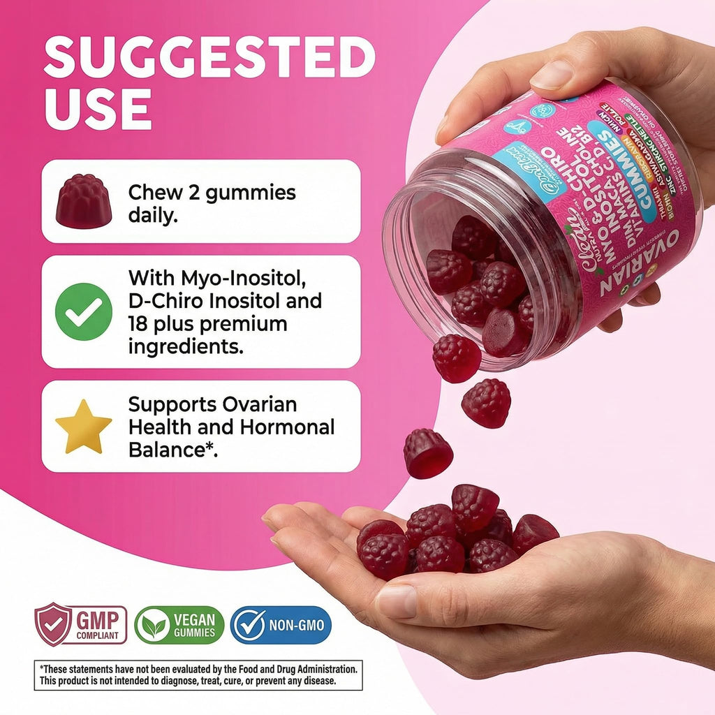 OVA Bloom Ovarian Support Gummies Myo Inositol D-Chiro Inositol Choline Flax Biotin Riboflavin Thiamin Niacin Ashwagandha DIM Maca Root Vitamin C D3 B12 Zinc 60 Count By Clean Nutra - TrustMedUSA