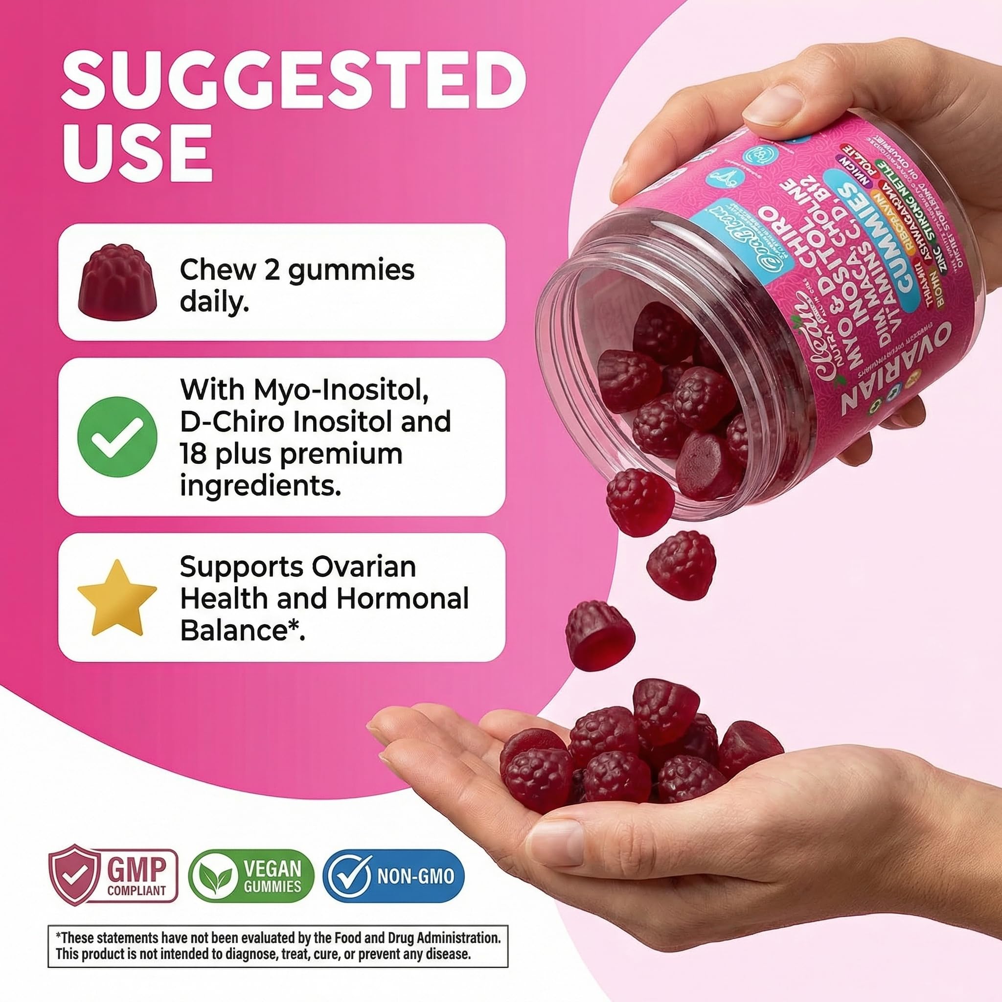 OVA Bloom Ovarian Support Gummies Myo Inositol D-Chiro Inositol Choline Flax Biotin Riboflavin Thiamin Niacin Ashwagandha DIM Maca Root Vitamin C D3 B12 Zinc 60 Count By Clean Nutra - TrustMedUSA
