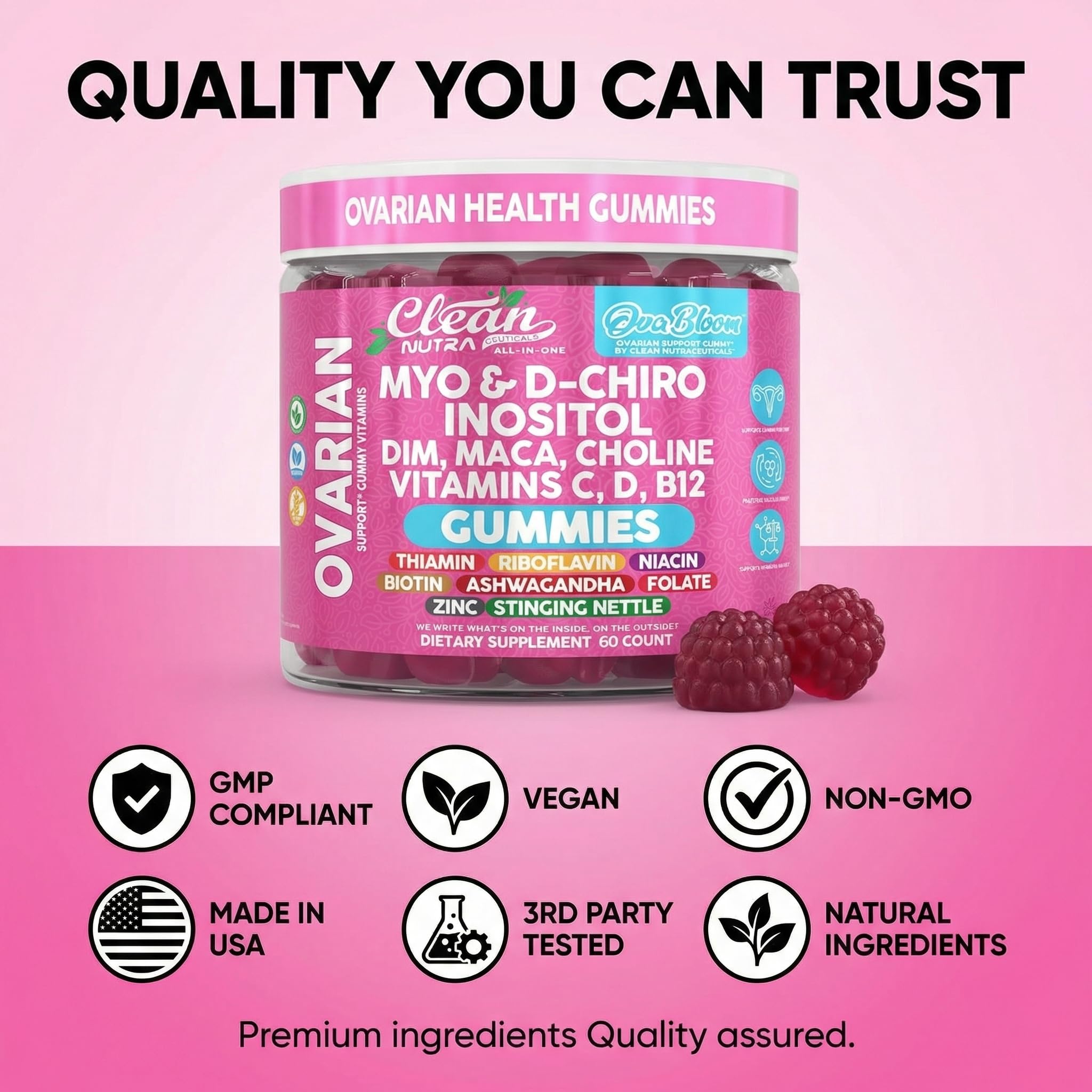 OVA Bloom Ovarian Support Gummies Myo Inositol D-Chiro Inositol Choline Flax Biotin Riboflavin Thiamin Niacin Ashwagandha DIM Maca Root Vitamin C D3 B12 Zinc 60 Count By Clean Nutra - TrustMedUSA