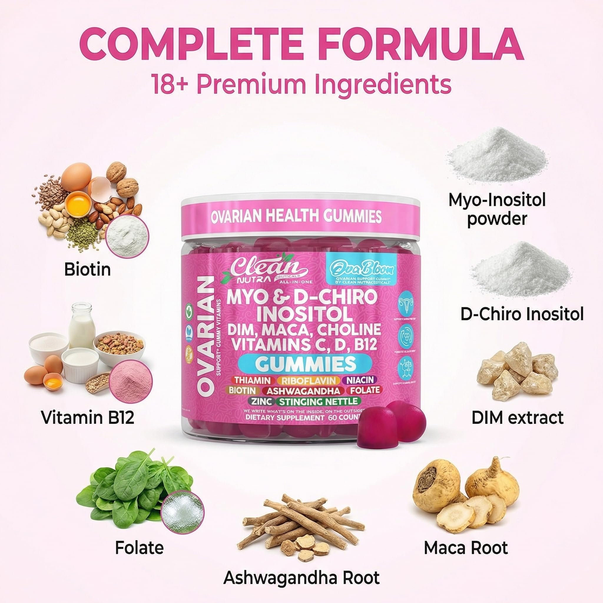 OVA Bloom Ovarian Support Gummies Myo Inositol D-Chiro Inositol Choline Flax Biotin Riboflavin Thiamin Niacin Ashwagandha DIM Maca Root Vitamin C D3 B12 Zinc 60 Count By Clean Nutra - TrustMedUSA