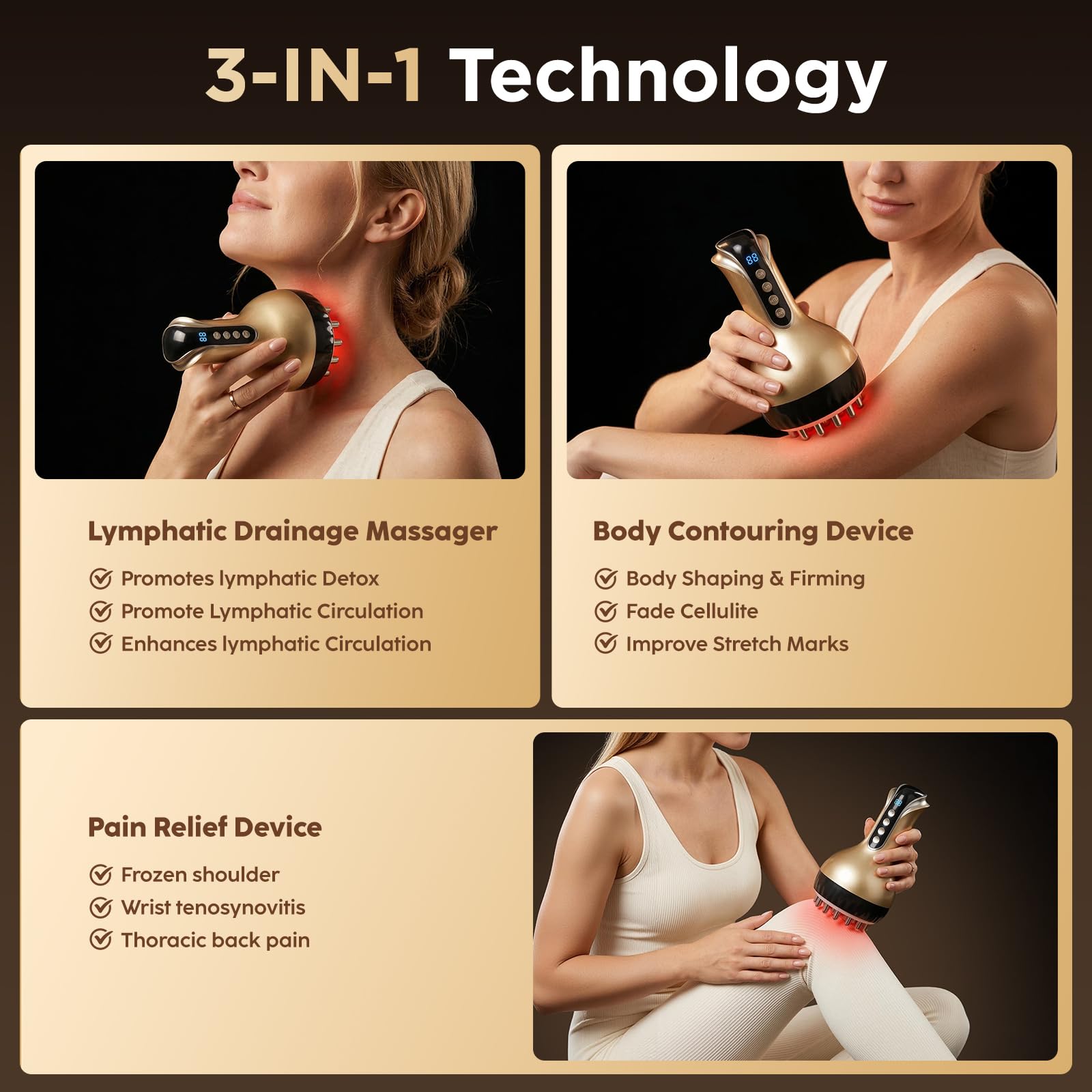 OVGIAP Lymphatic Drainage Massager & Anti-Cellulite Massage Tool, Body Sculpting Device for Legs, Arms & Stomach, Supports Smoother Skin, with Gentle Warming & Vibration - Gold - Maple Wellness Supplements