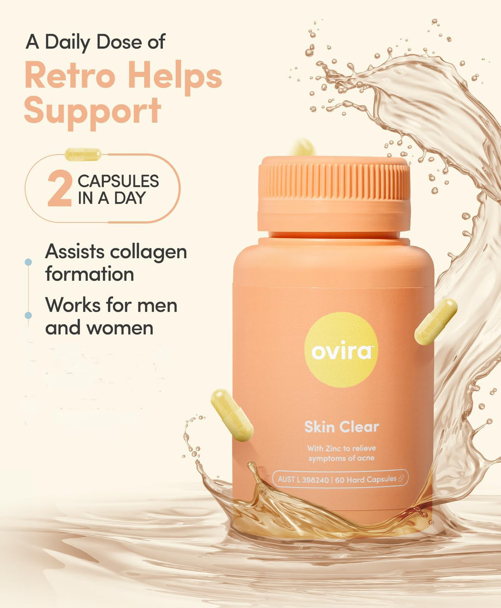 Ovira Skin Clear with ZINCBRIGHT - 60 Capsules for Clear and Glowing Skin | Rosacea & Hormonal Acne Treatment | Support Collagen Production | Acne Supplements for Women & Men - Pack of 2 - TrustMedUSA