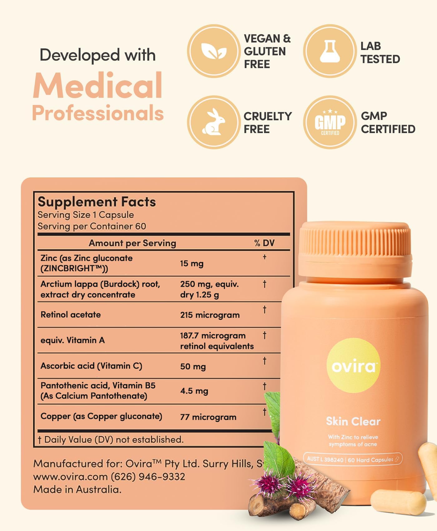 Ovira Skin Clear with ZINCBRIGHT - 60 Capsules for Clear and Glowing Skin | Rosacea & Hormonal Acne Treatment | Support Collagen Production | Acne Supplements for Women & Men - Pack of 2 - TrustMedUSA