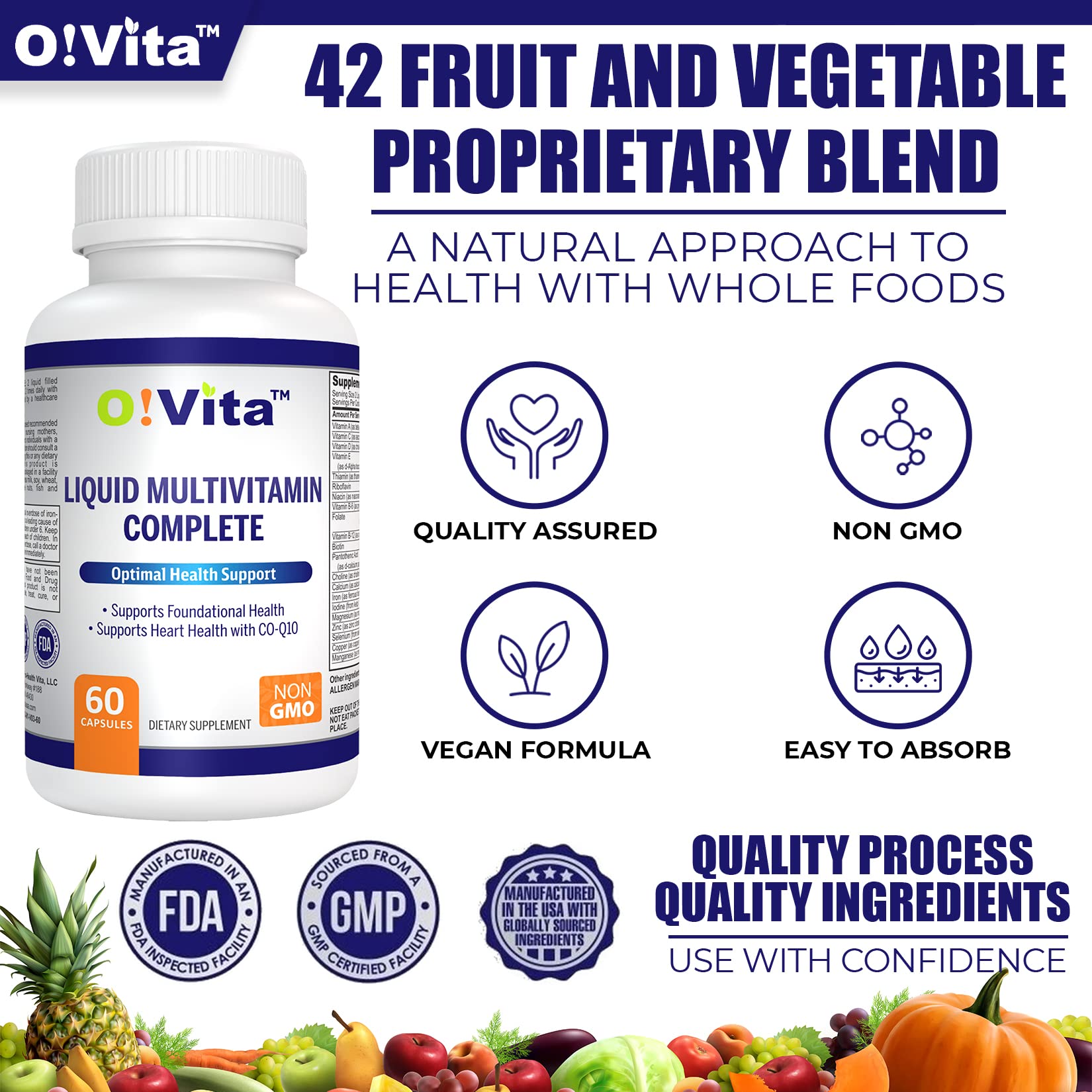 O!VITA Liquid Multivitamin Complete, with a Full Spectrum of Vitamins and Minerals, Plus 42 Fruits and Vegetable Proprietary Blend, Easy Absorption (60 Vegan Liquid Filled Capsules) - TrustMedUSA