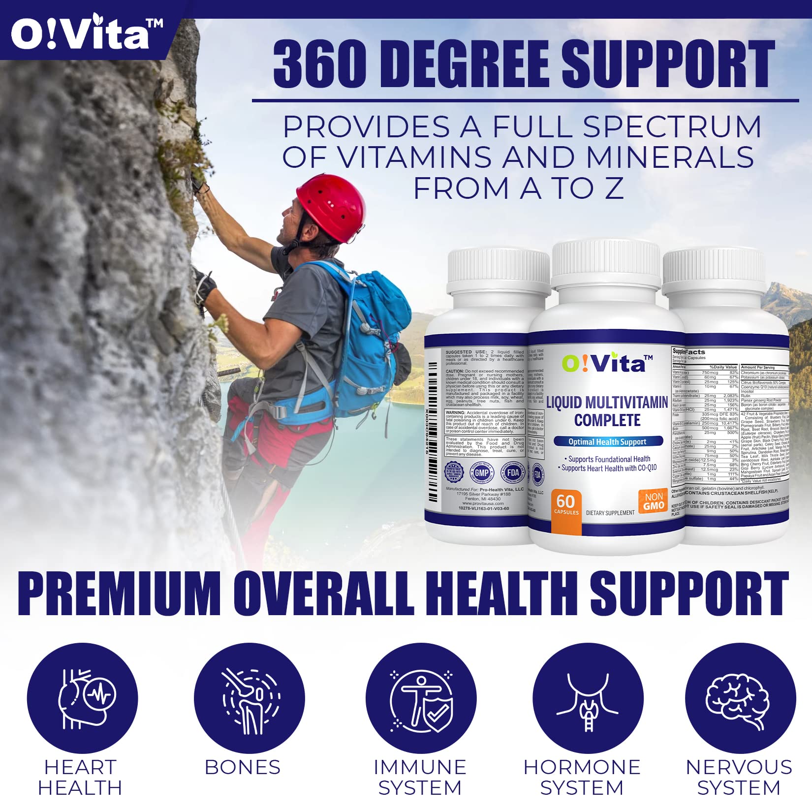 O!VITA Liquid Multivitamin Complete, with a Full Spectrum of Vitamins and Minerals, Plus 42 Fruits and Vegetable Proprietary Blend, Easy Absorption (60 Vegan Liquid Filled Capsules) - TrustMedUSA