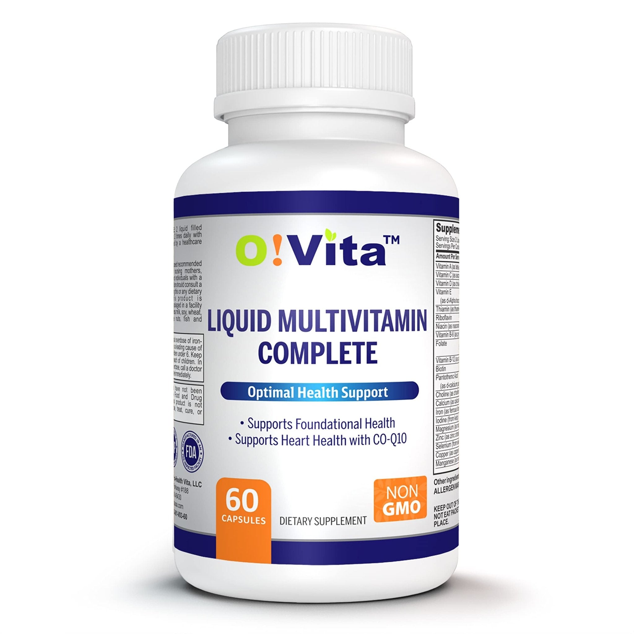 O!VITA Liquid Multivitamin Complete, with a Full Spectrum of Vitamins and Minerals, Plus 42 Fruits and Vegetable Proprietary Blend, Easy Absorption (60 Vegan Liquid Filled Capsules) - TrustMedUSA