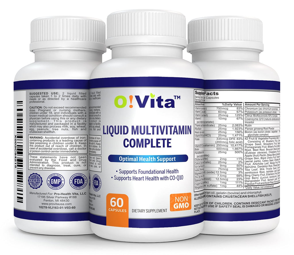 O!VITA Liquid Multivitamin Complete, with a Full Spectrum of Vitamins and Minerals, Plus 42 Fruits and Vegetable Proprietary Blend, Easy Absorption (60 Vegan Liquid Filled Capsules) - TrustMedUSA