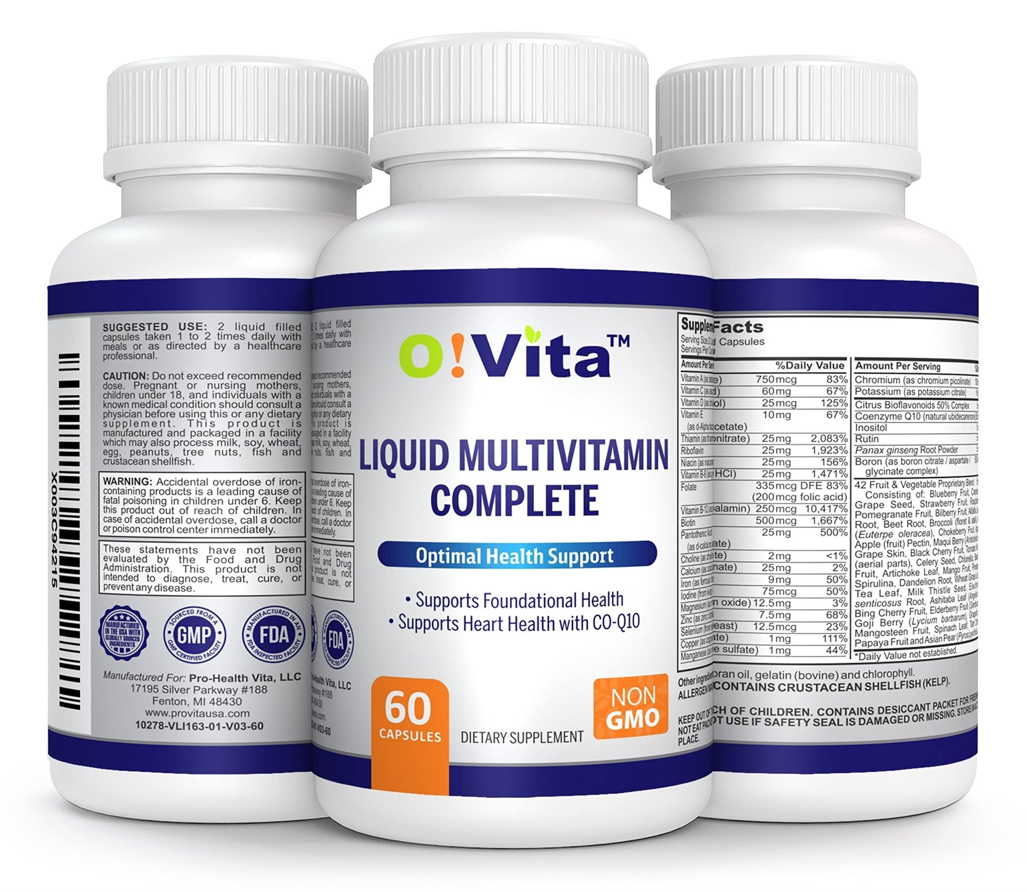 O!VITA Liquid Multivitamin Complete, with a Full Spectrum of Vitamins and Minerals, Plus 42 Fruits and Vegetable Proprietary Blend, Easy Absorption (60 Vegan Liquid Filled Capsules) - TrustMedUSA